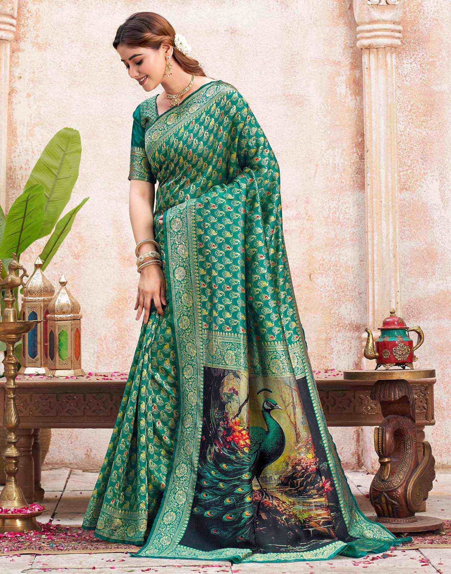 Teal Green Silk Woven Banarasi Saree