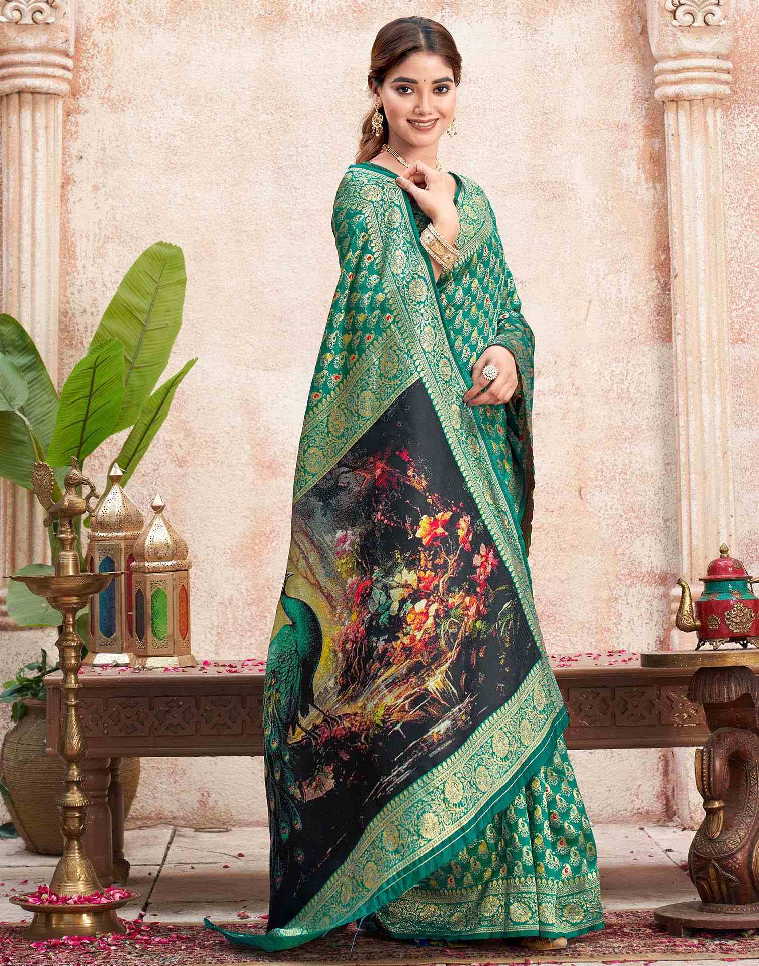 Teal Green Silk Woven Banarasi Saree