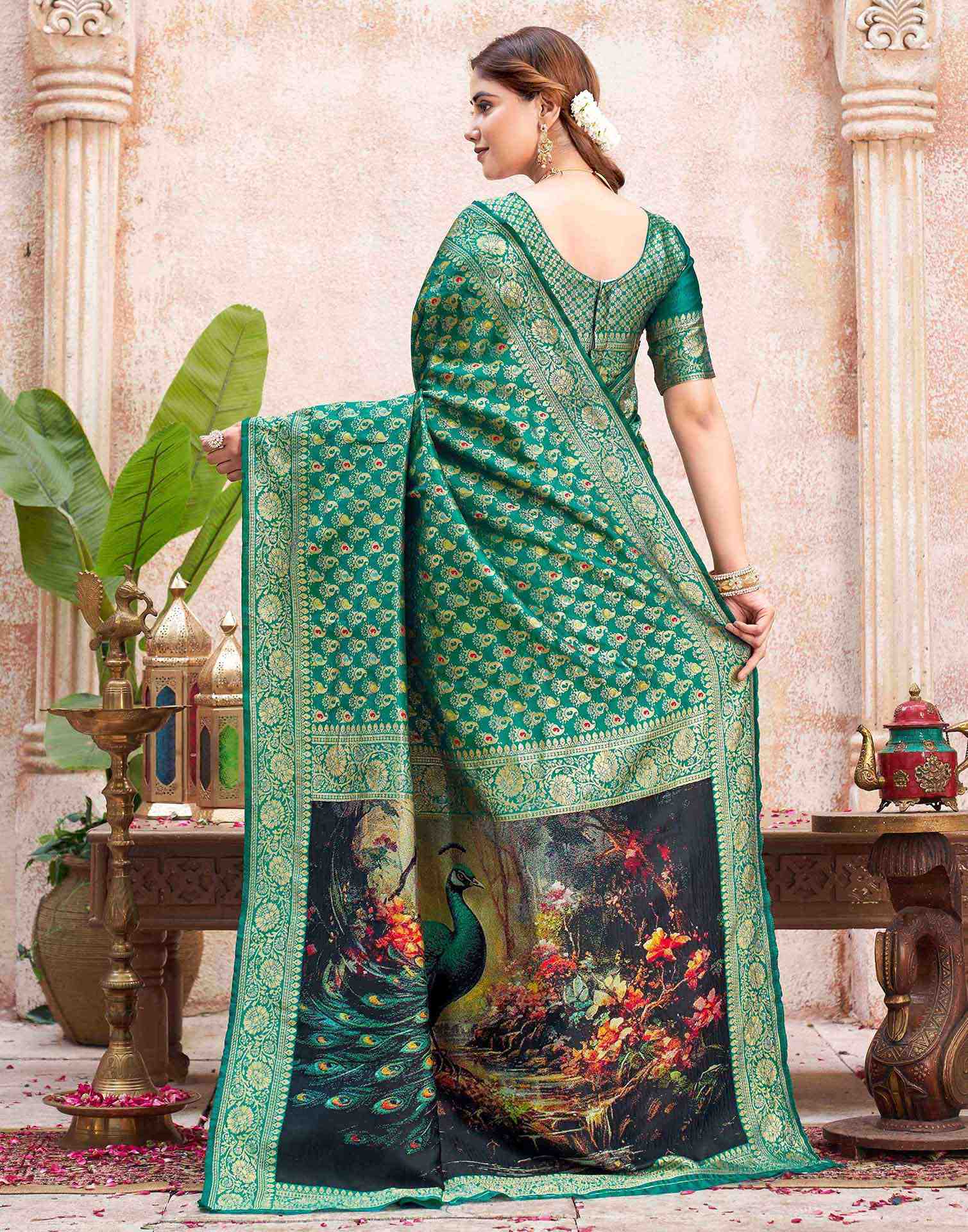 Teal Green Silk Woven Banarasi Saree
