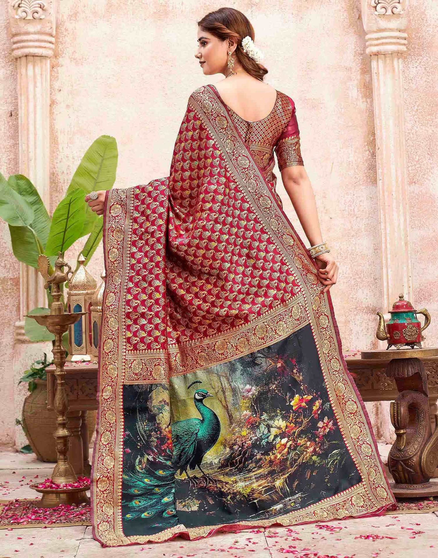 Maroon Silk Woven Banarasi Saree