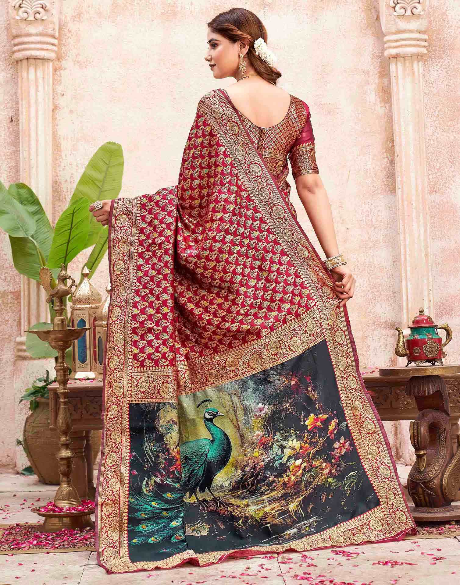 Maroon Silk Woven Banarasi Saree