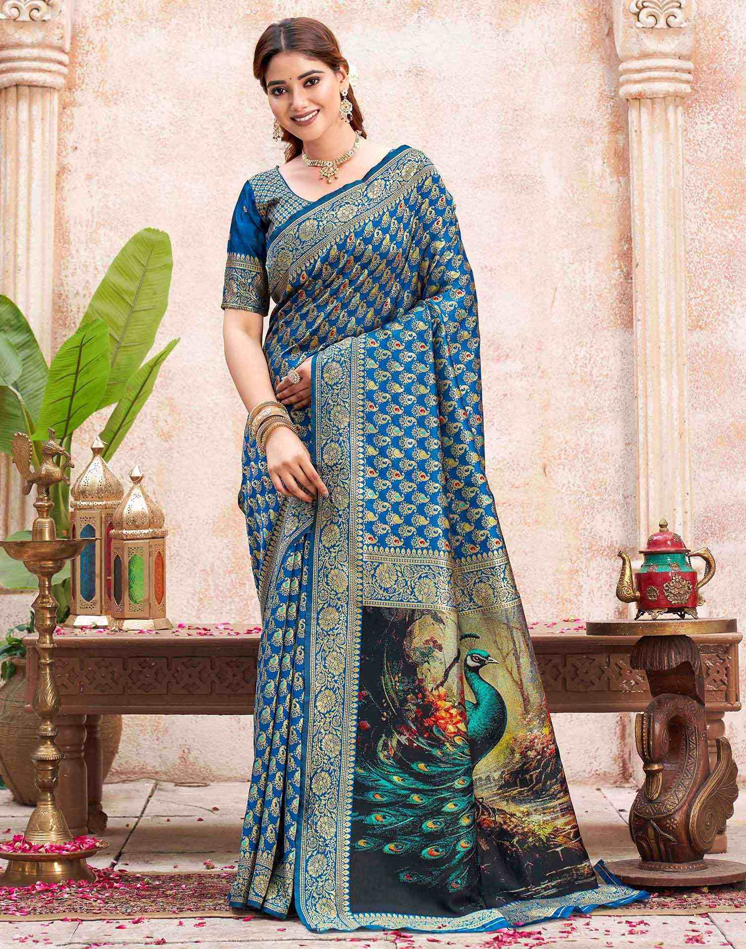 Peacock Blue Silk Woven Banarasi Saree