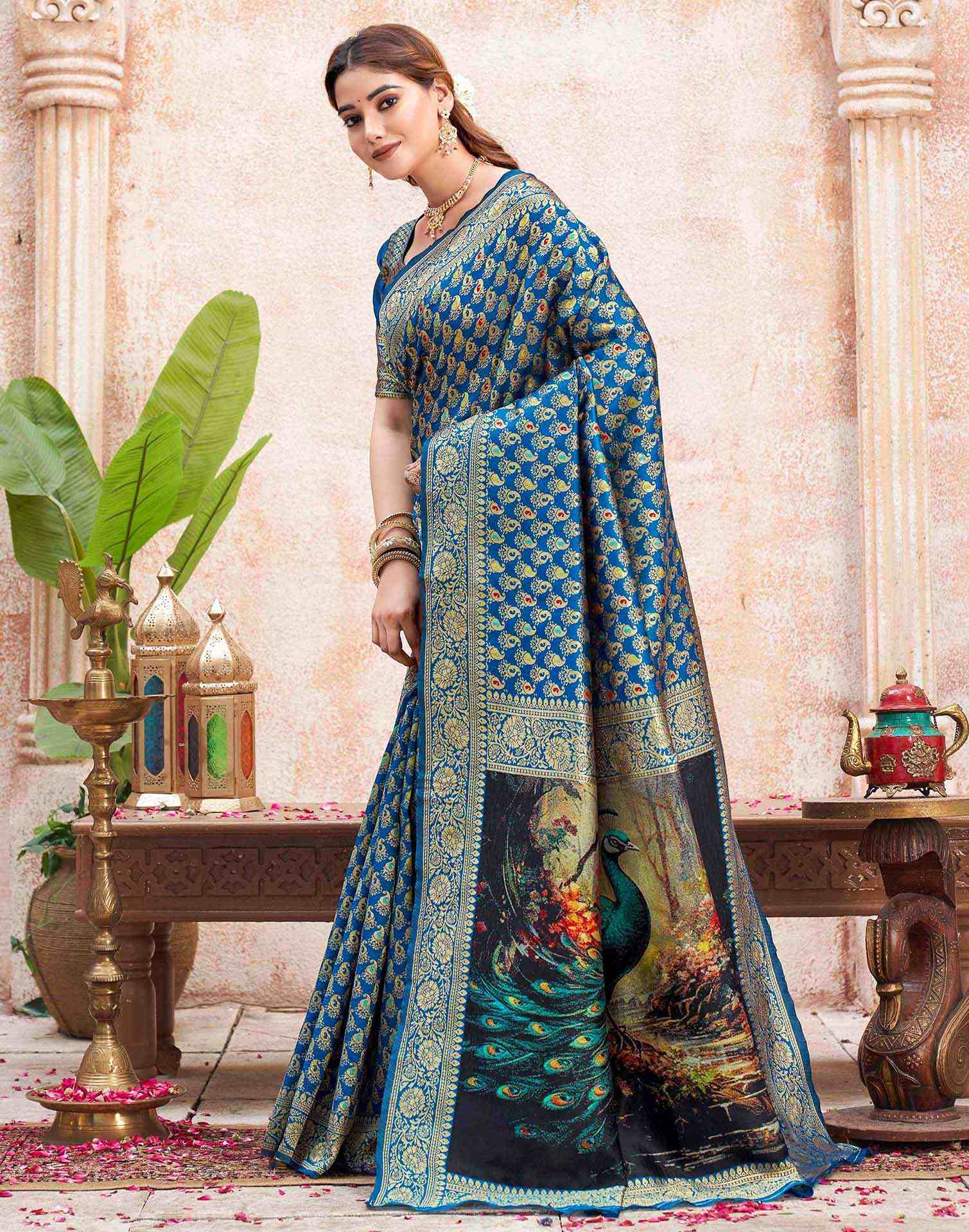 Peacock Blue Silk Woven Banarasi Saree