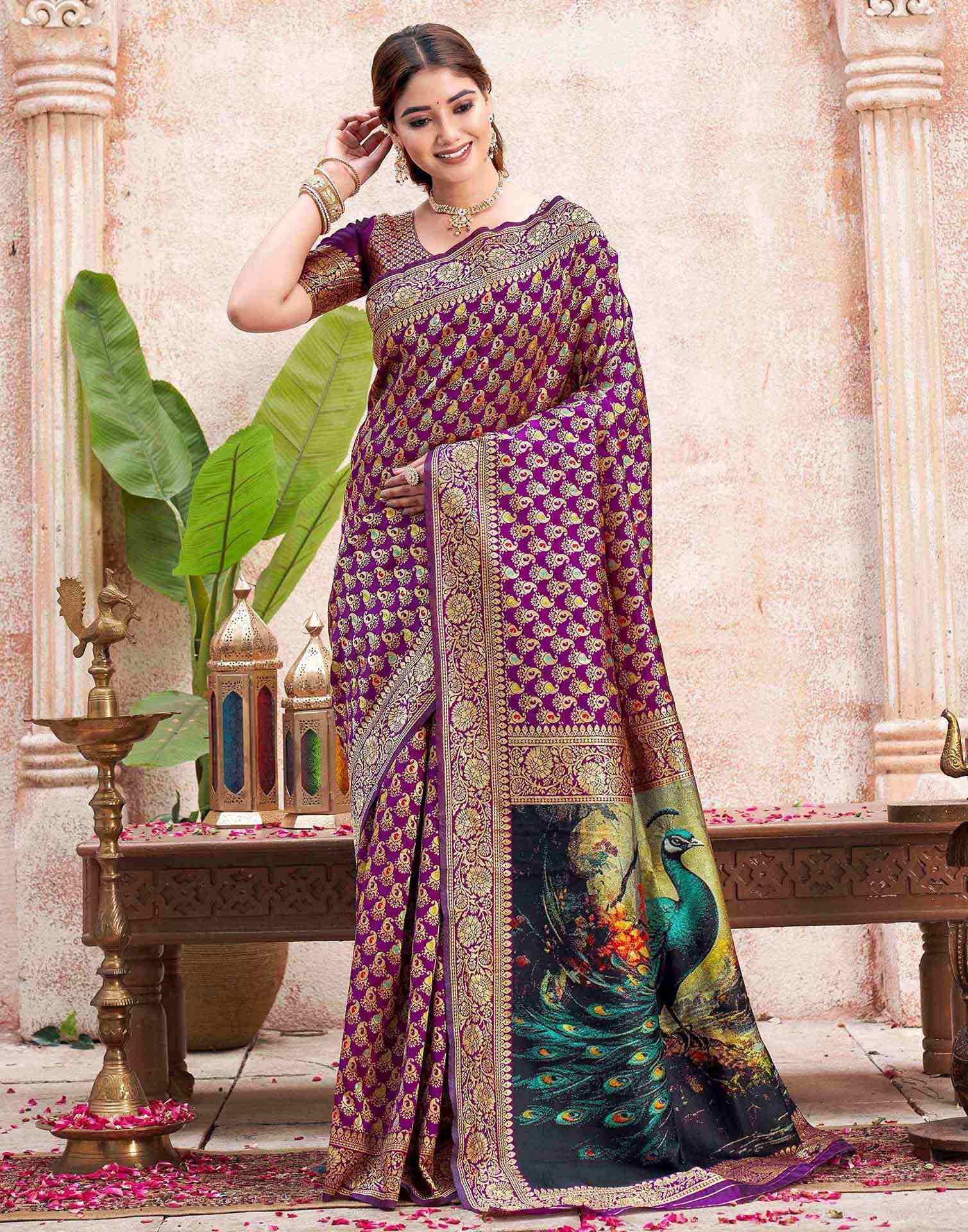 Dark Purple Silk Woven Banarasi Saree