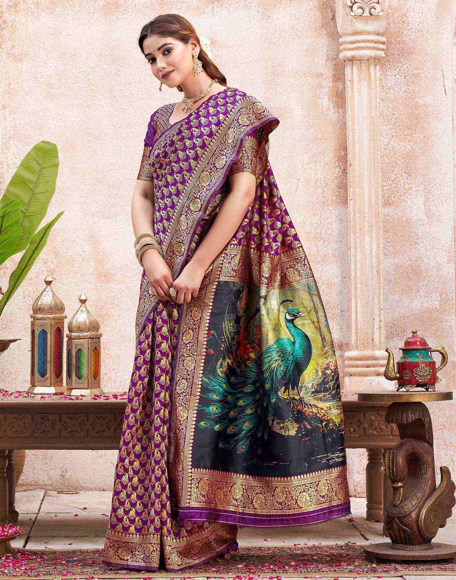 Dark Purple Silk Woven Banarasi Saree