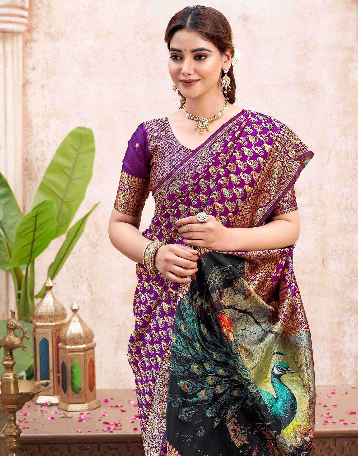 Dark Purple Silk Woven Banarasi Saree