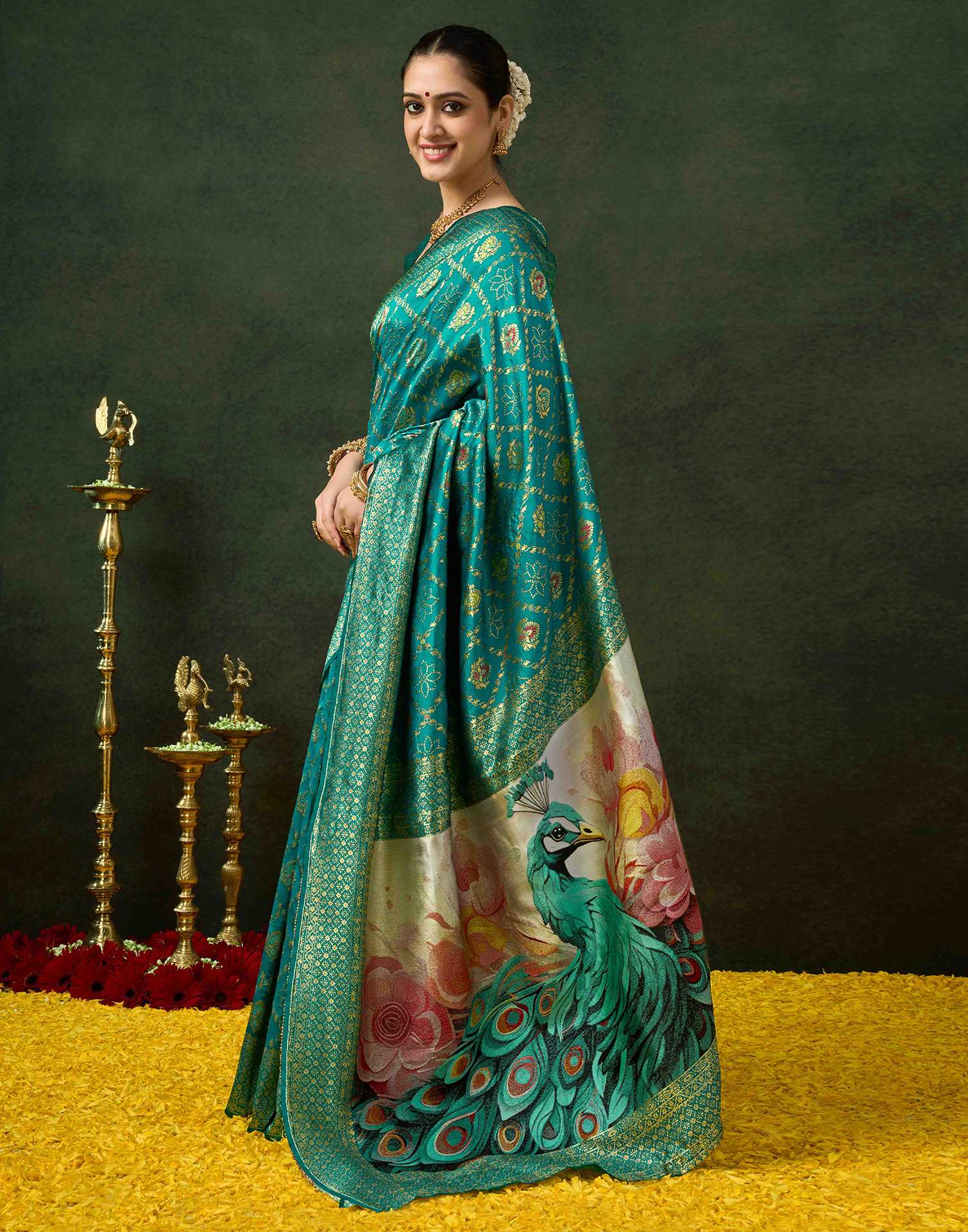 Teal Green Silk Woven Banarasi Saree