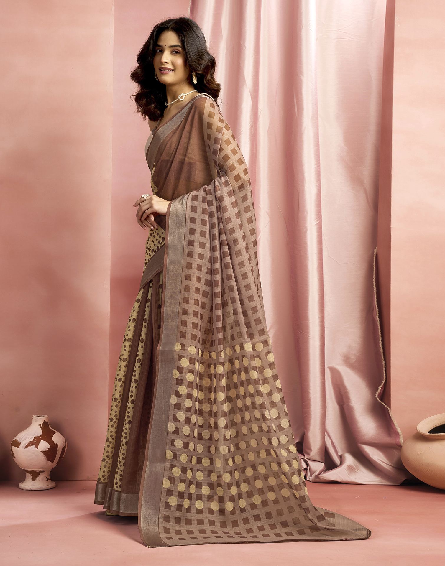 Brown Cotton Linen Printed Saree