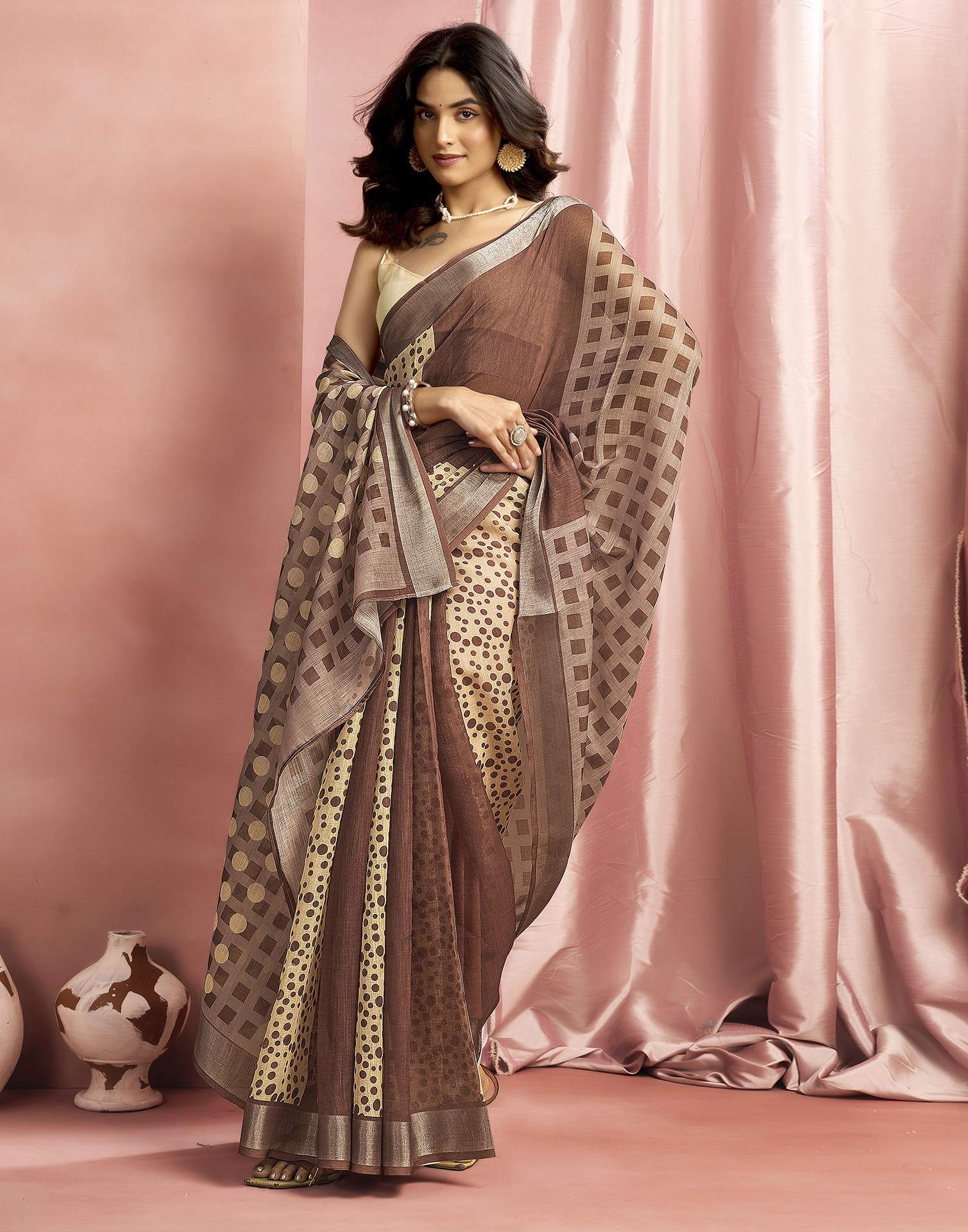 Brown Cotton Linen Printed Saree