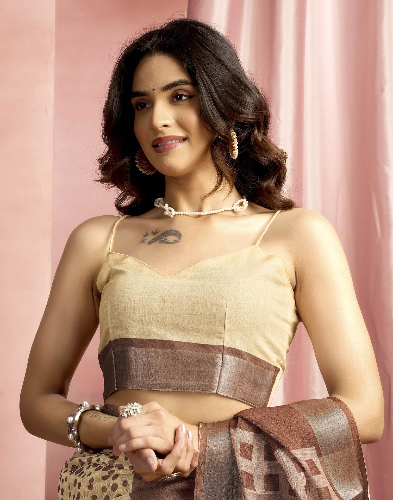 Brown Cotton Linen Printed Saree