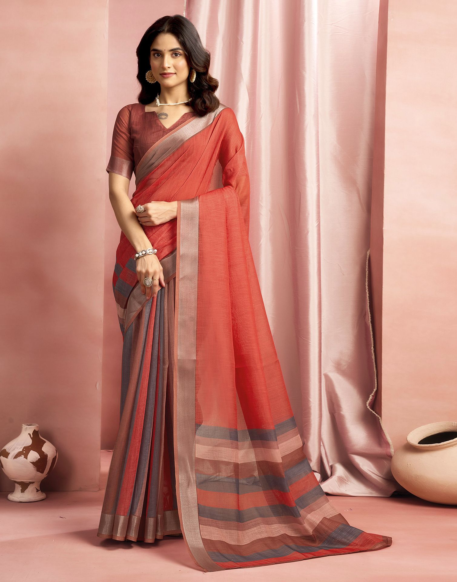 Brown Cotton Linen Printed Saree