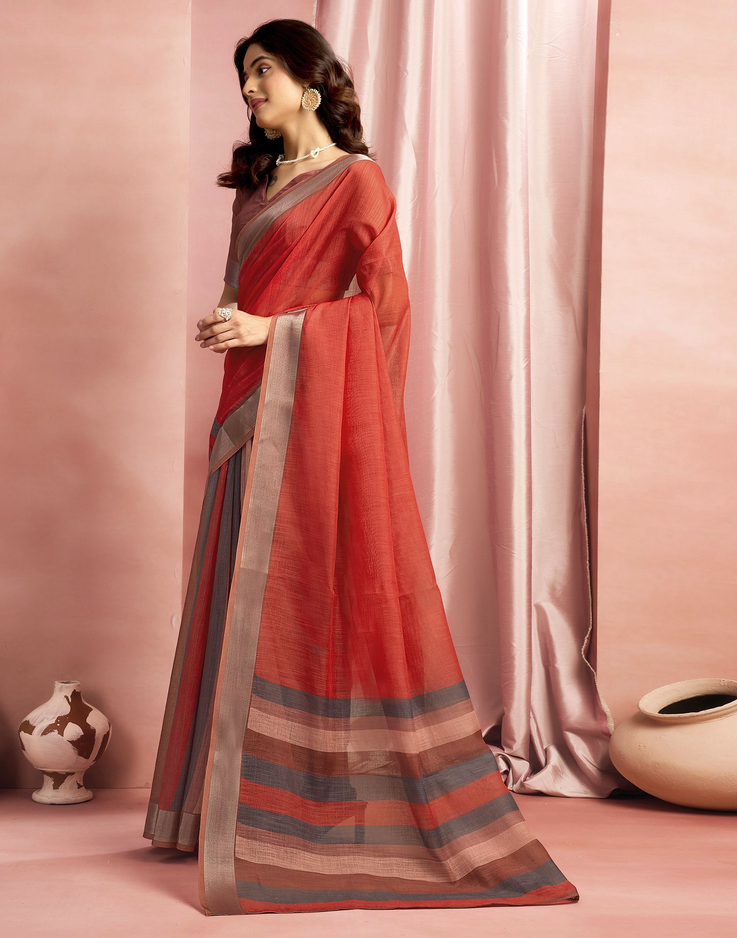 Brown Cotton Linen Printed Saree