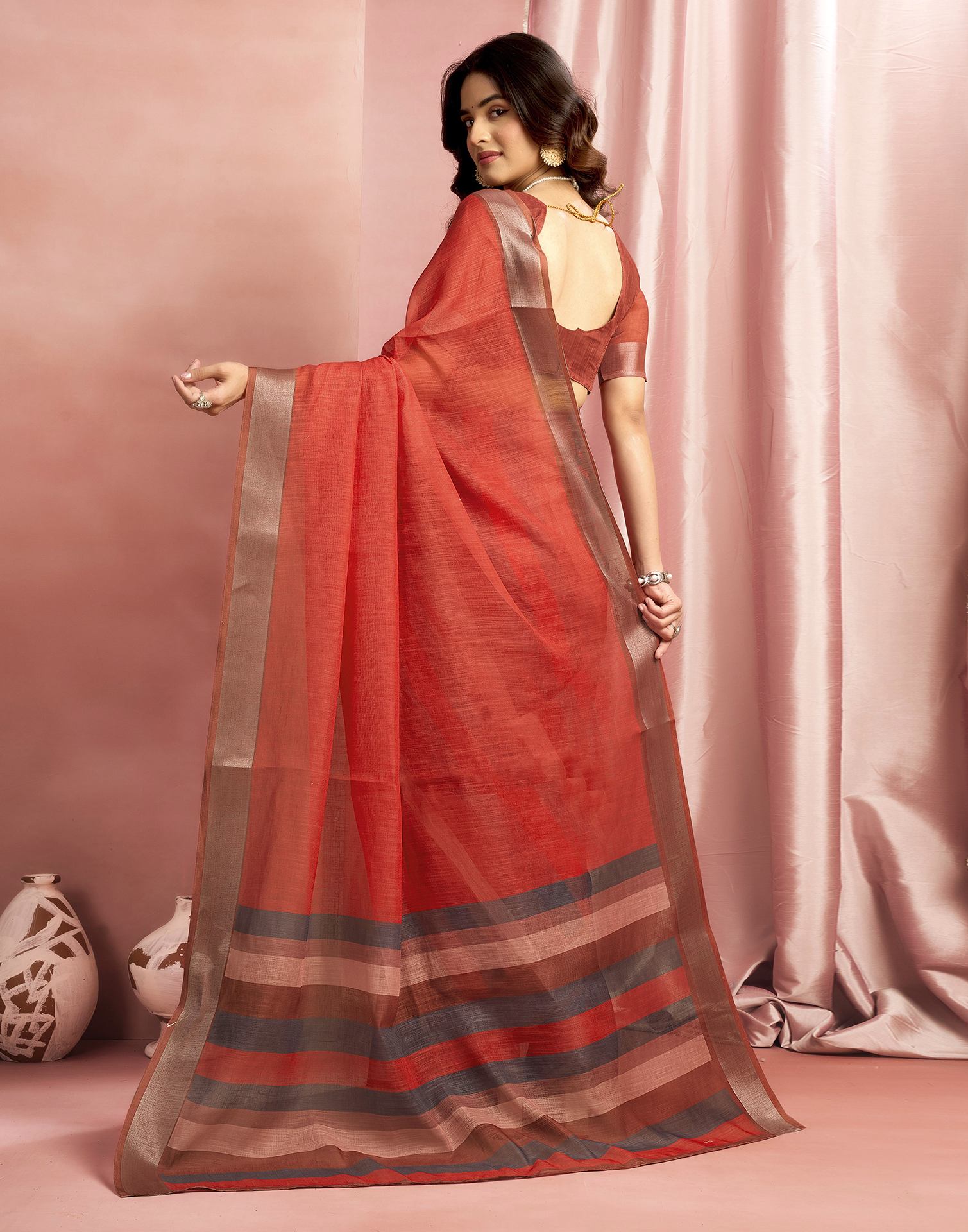 Brown Cotton Linen Printed Saree