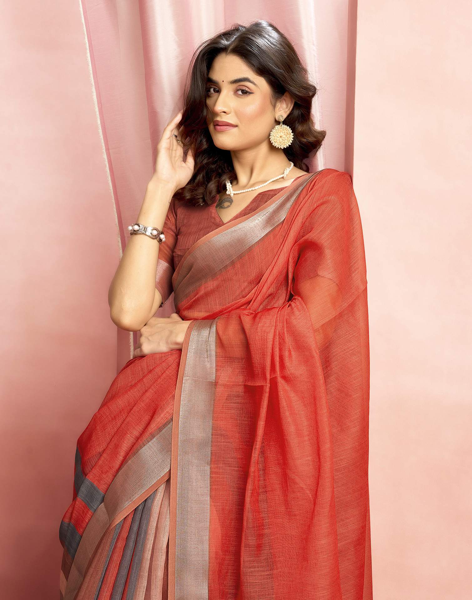 Brown Cotton Linen Printed Saree