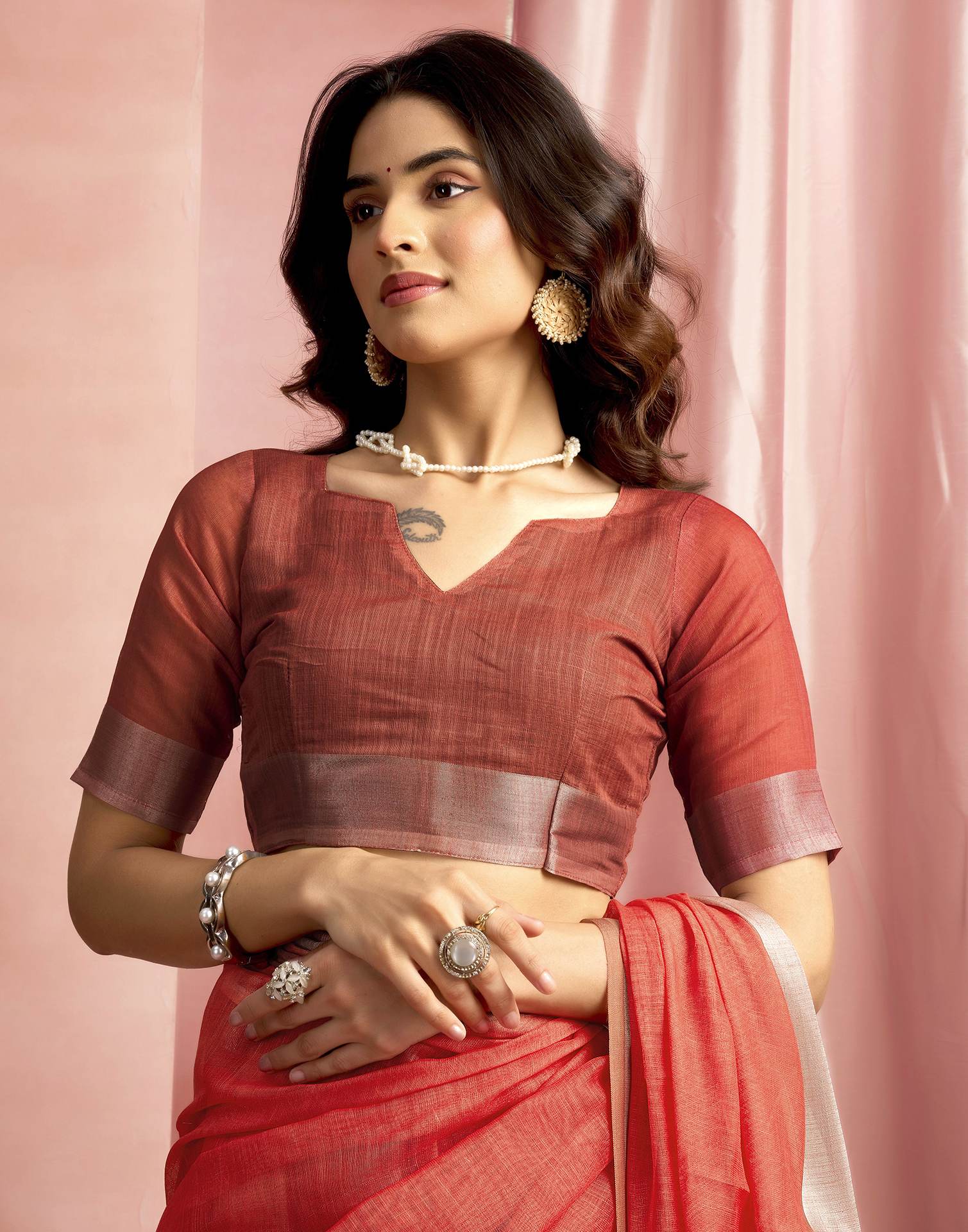 Brown Cotton Linen Printed Saree