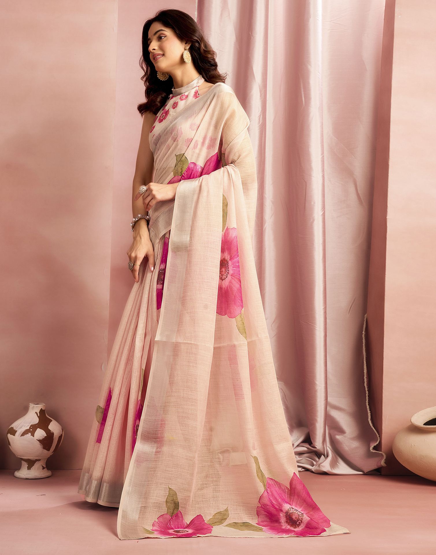 Ceam Cotton Linen Floral Printed Saree