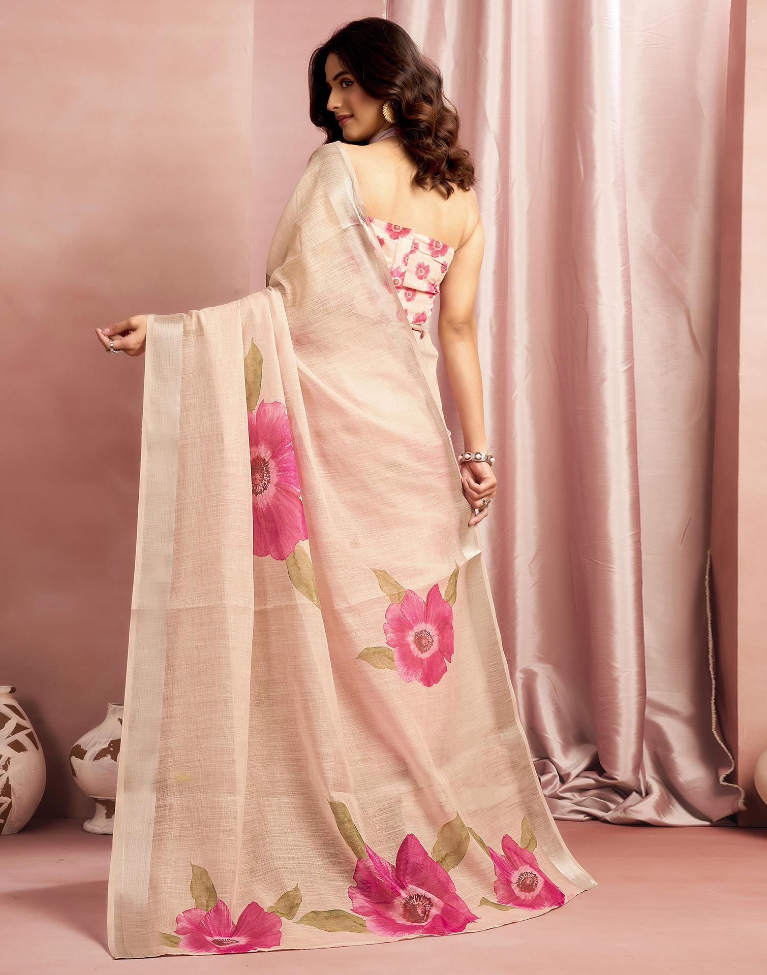 Ceam Cotton Linen Floral Printed Saree