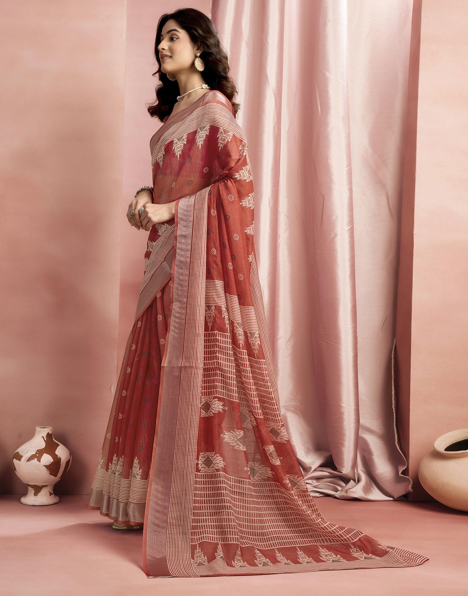 Rust Cotton Linen Printed Saree