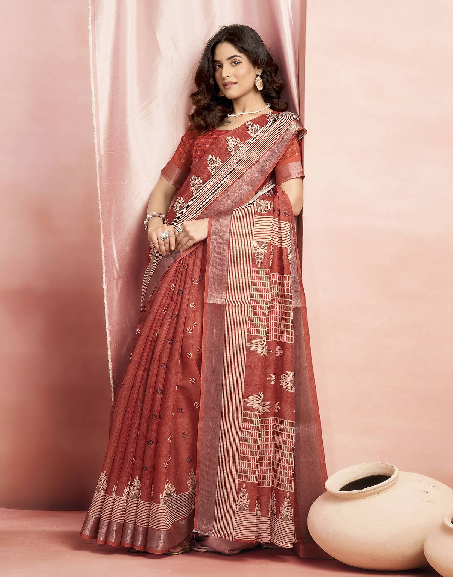 Rust Cotton Linen Printed Saree