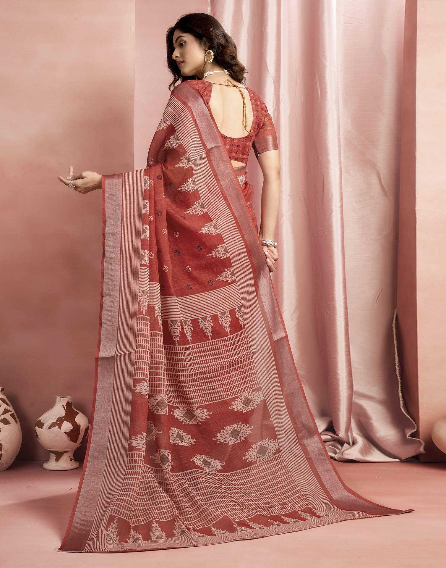 Rust Cotton Linen Printed Saree