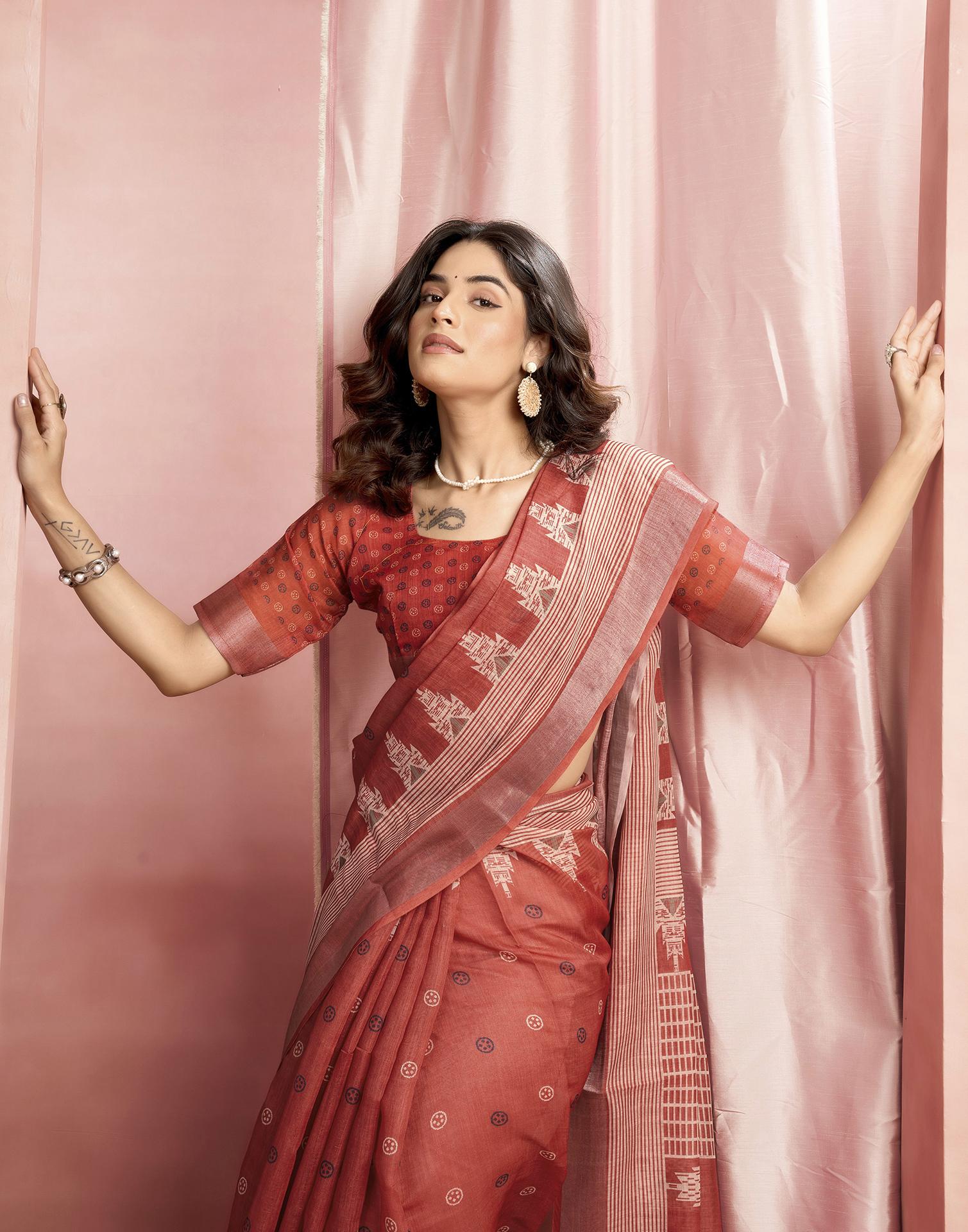 Rust Cotton Linen Printed Saree