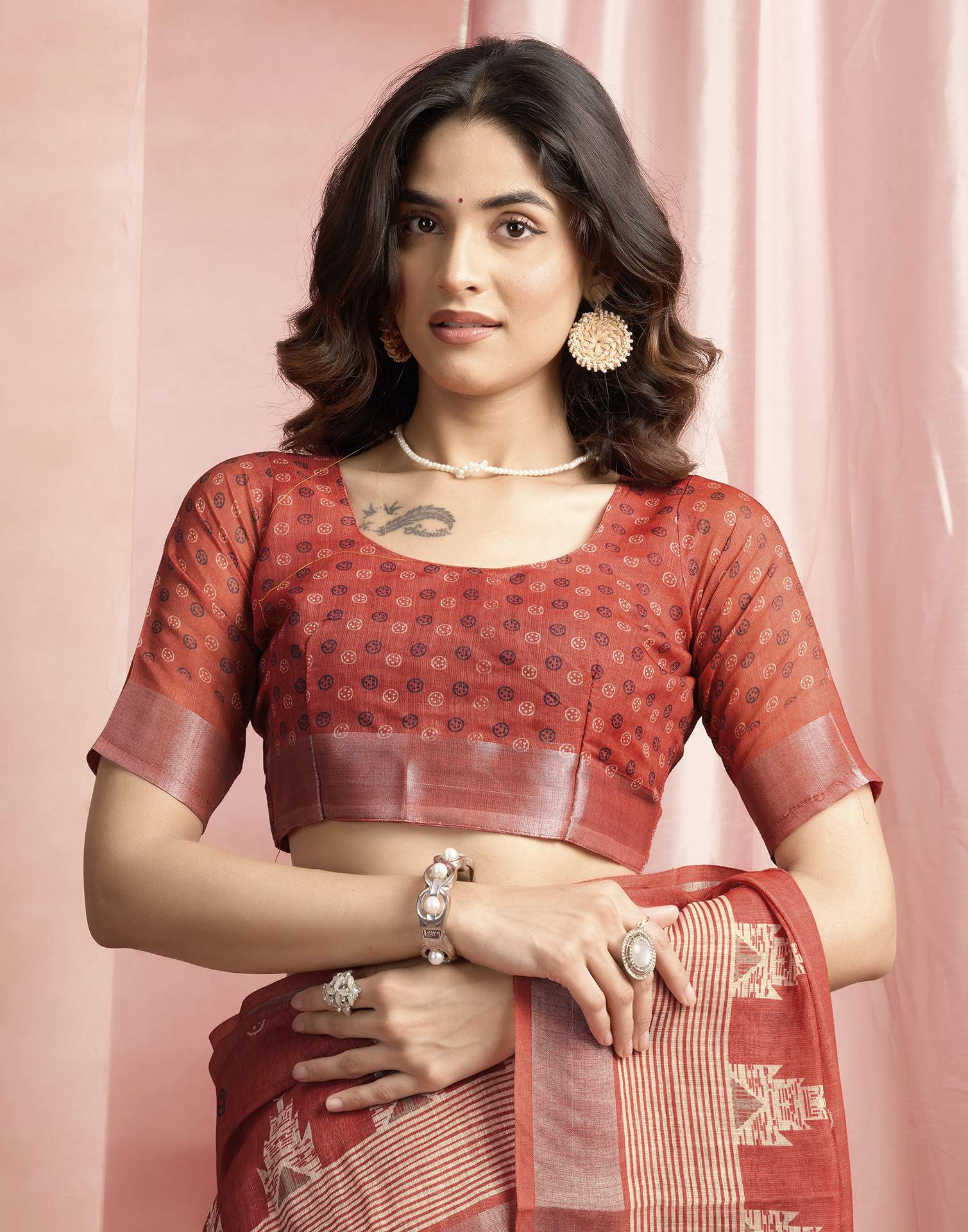 Rust Cotton Linen Printed Saree