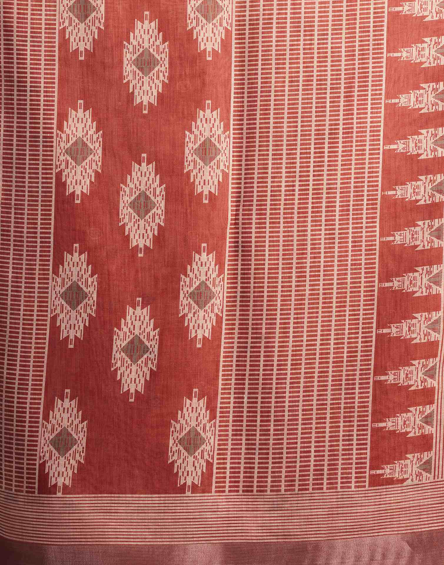 Rust Cotton Linen Printed Saree