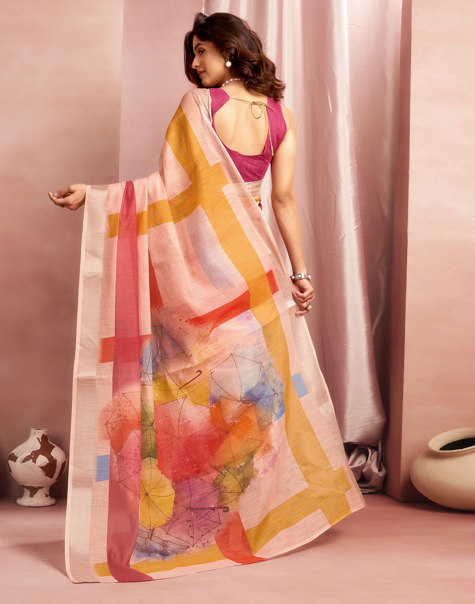 Light Pink Cotton Linen Printed Saree