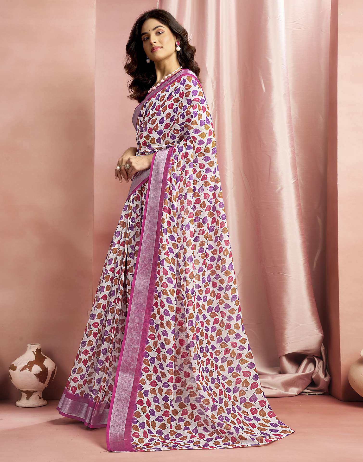 White Cotton Linen Printed Saree