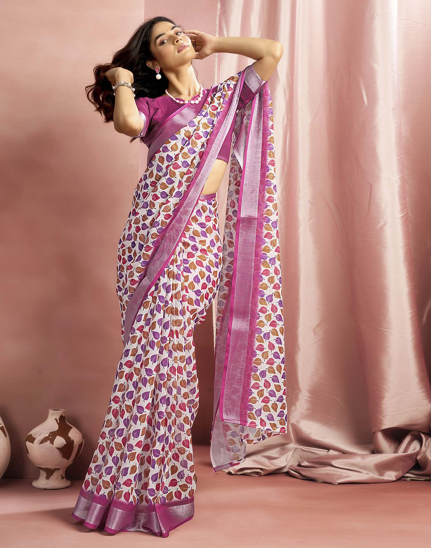 White Cotton Linen Printed Saree