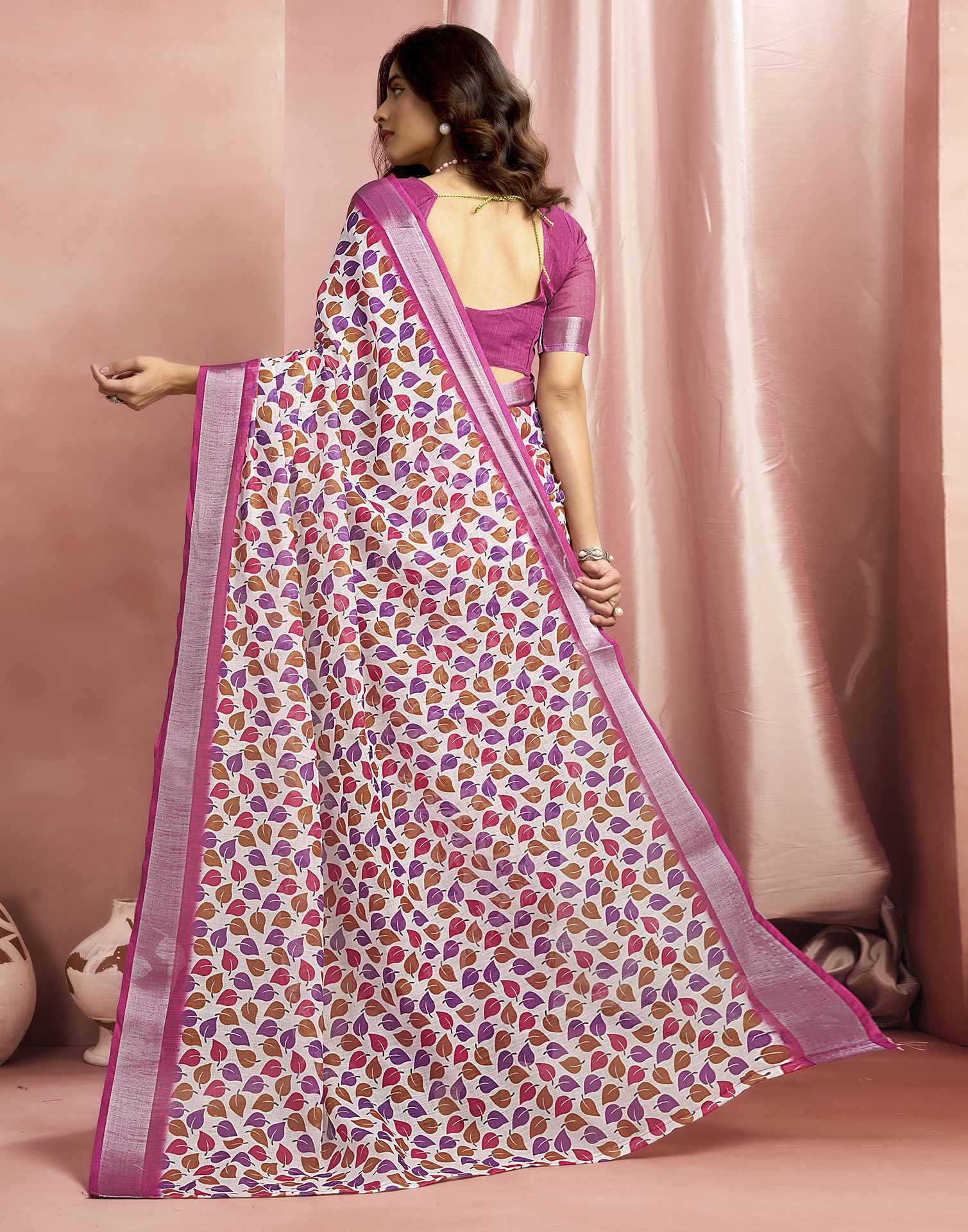 White Cotton Linen Printed Saree