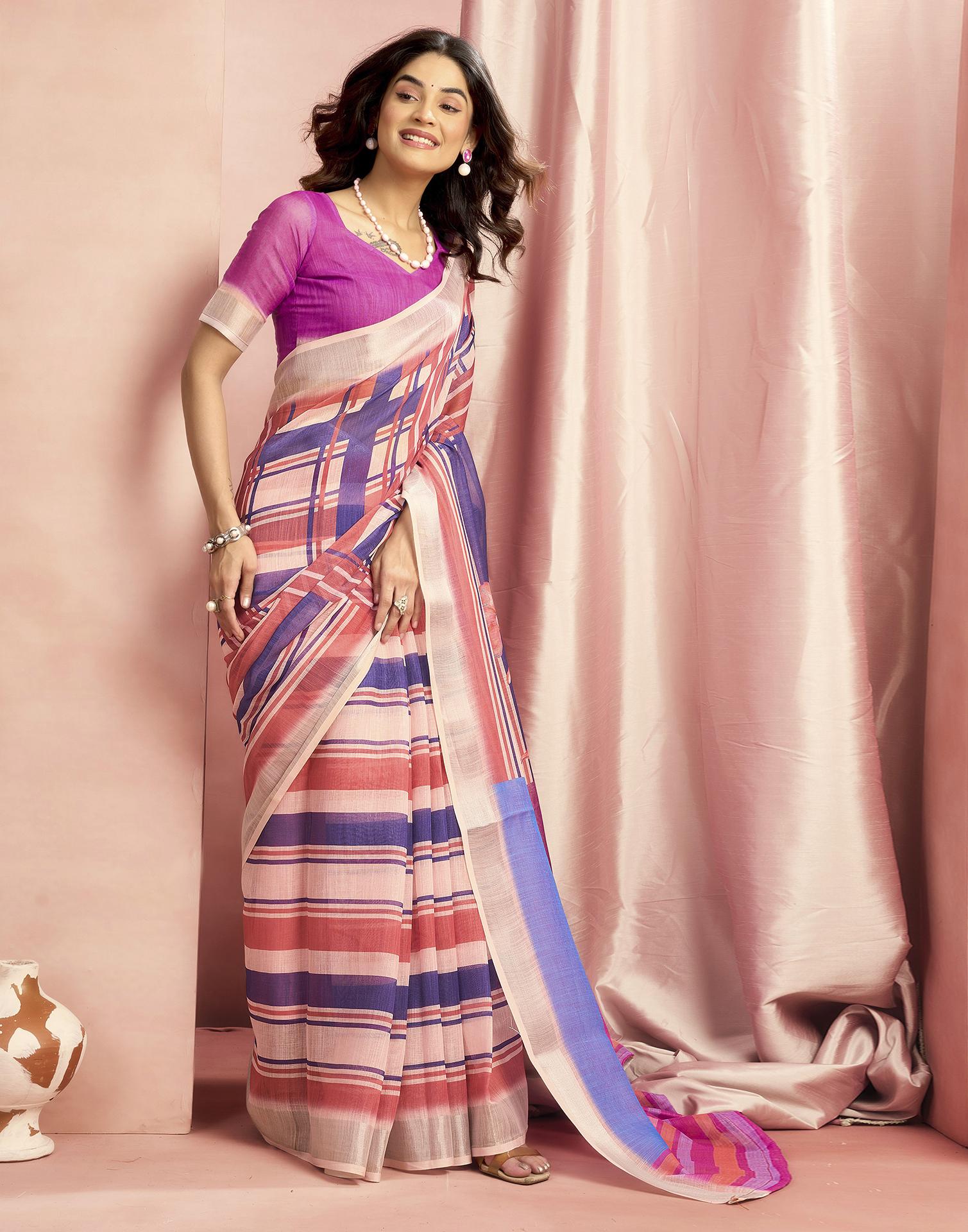 Rani Pink Cotton Linen Printed Saree