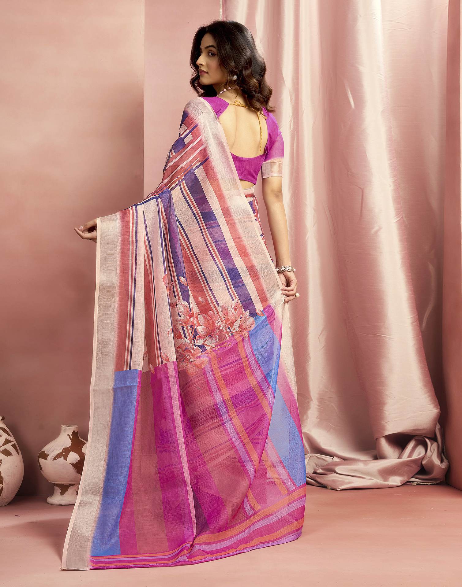 Rani Pink Cotton Linen Printed Saree