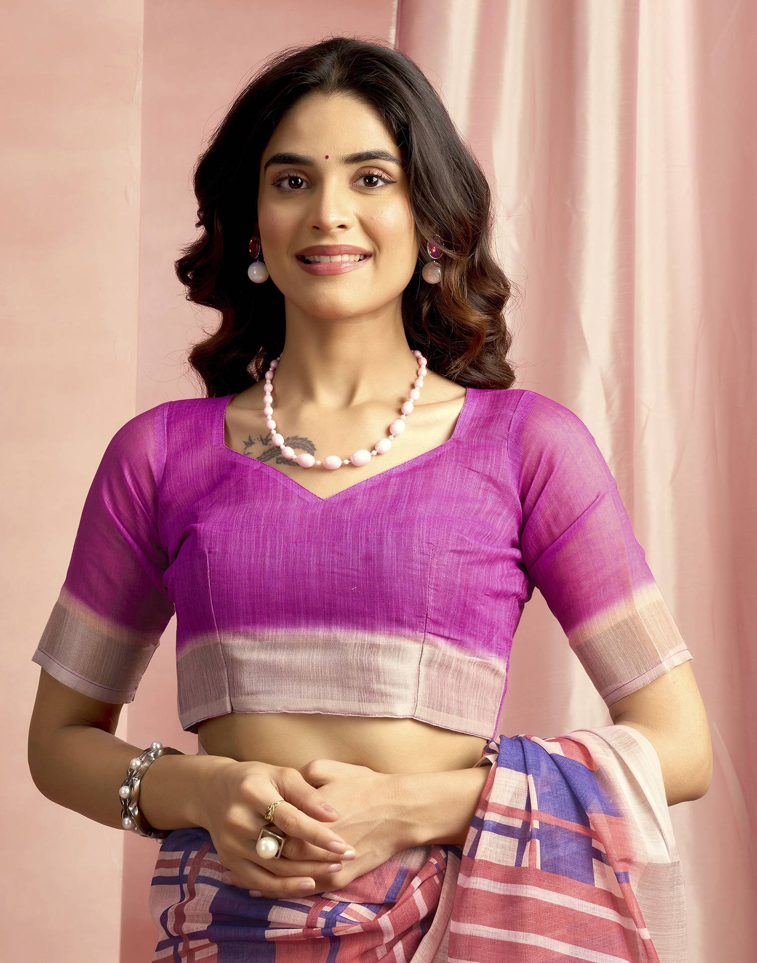 Rani Pink Cotton Linen Printed Saree