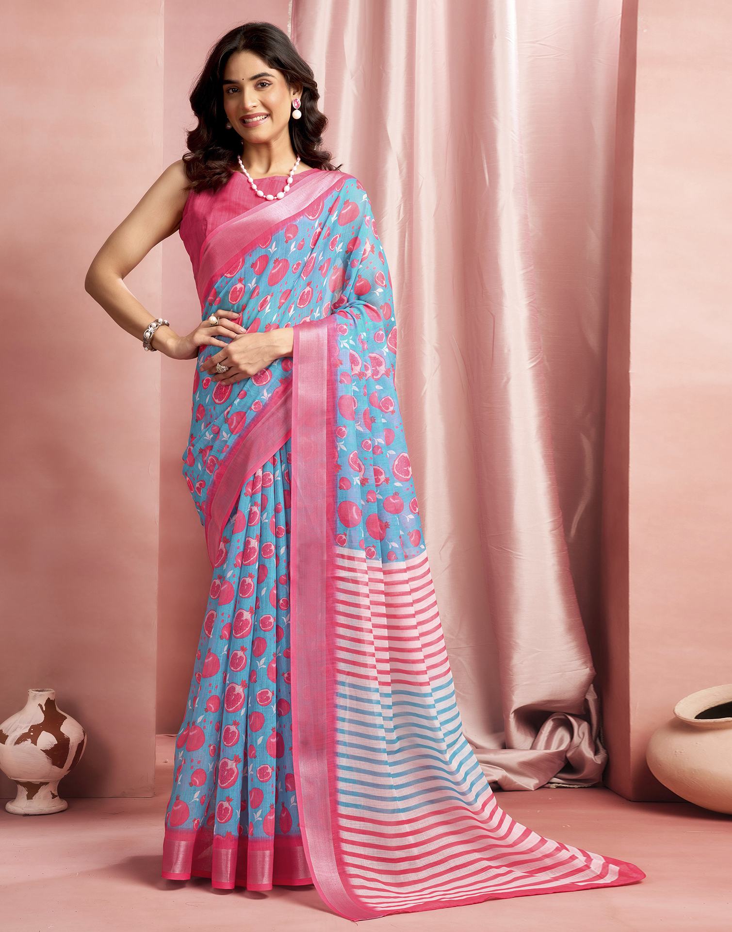 Turqoise Cotton Linen Printed Saree