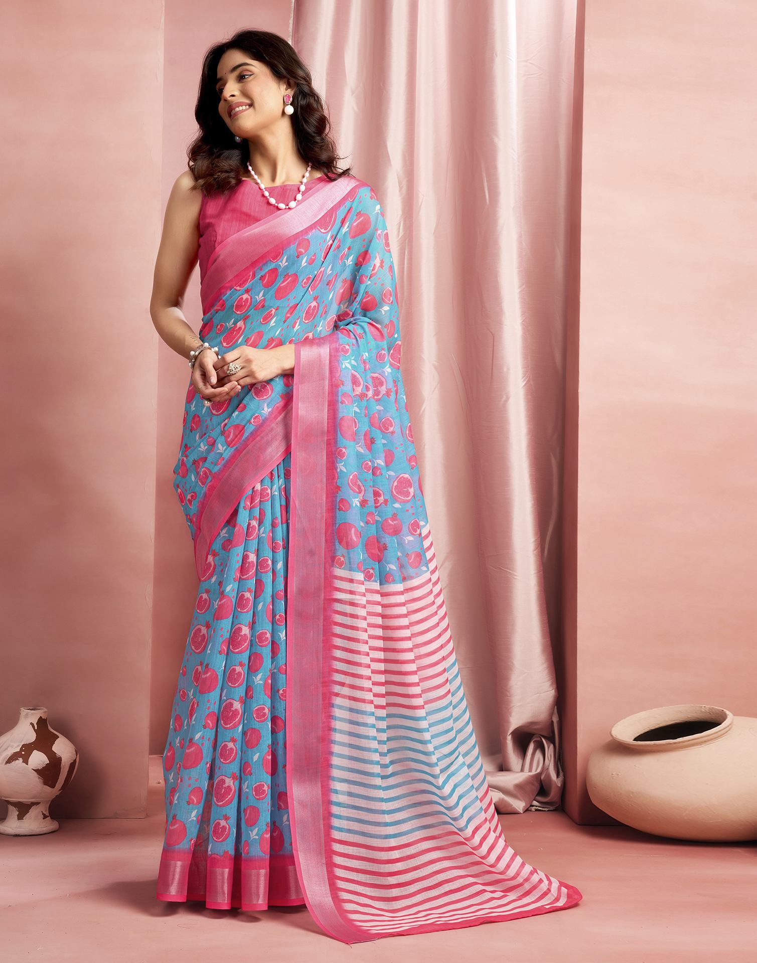 Turqoise Cotton Linen Printed Saree