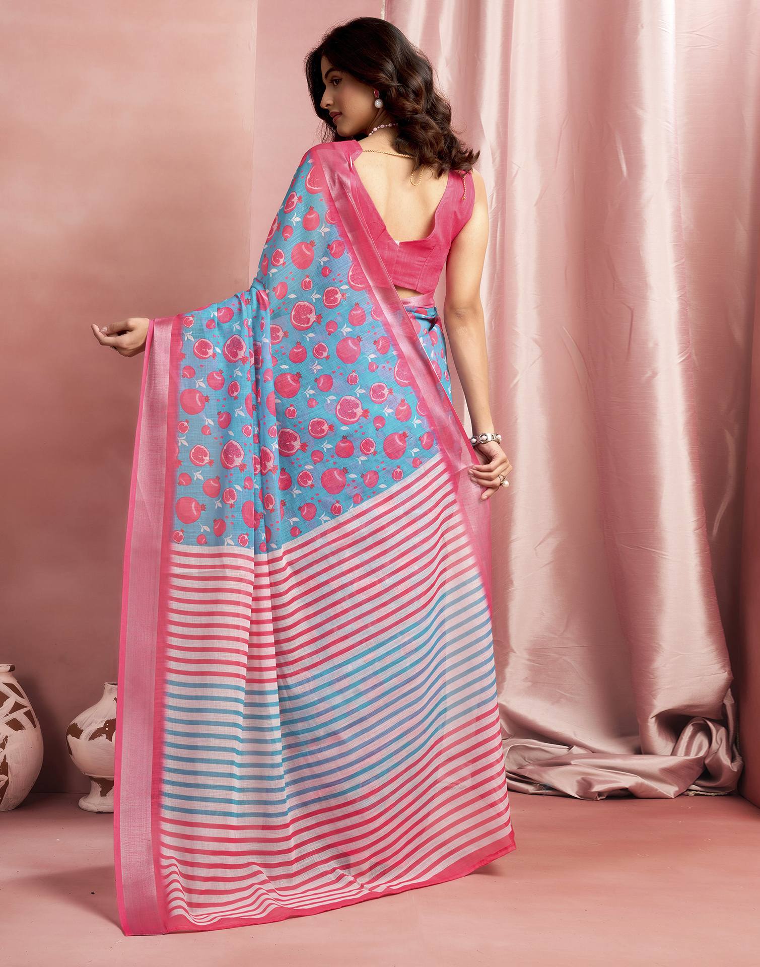 Turqoise Cotton Linen Printed Saree