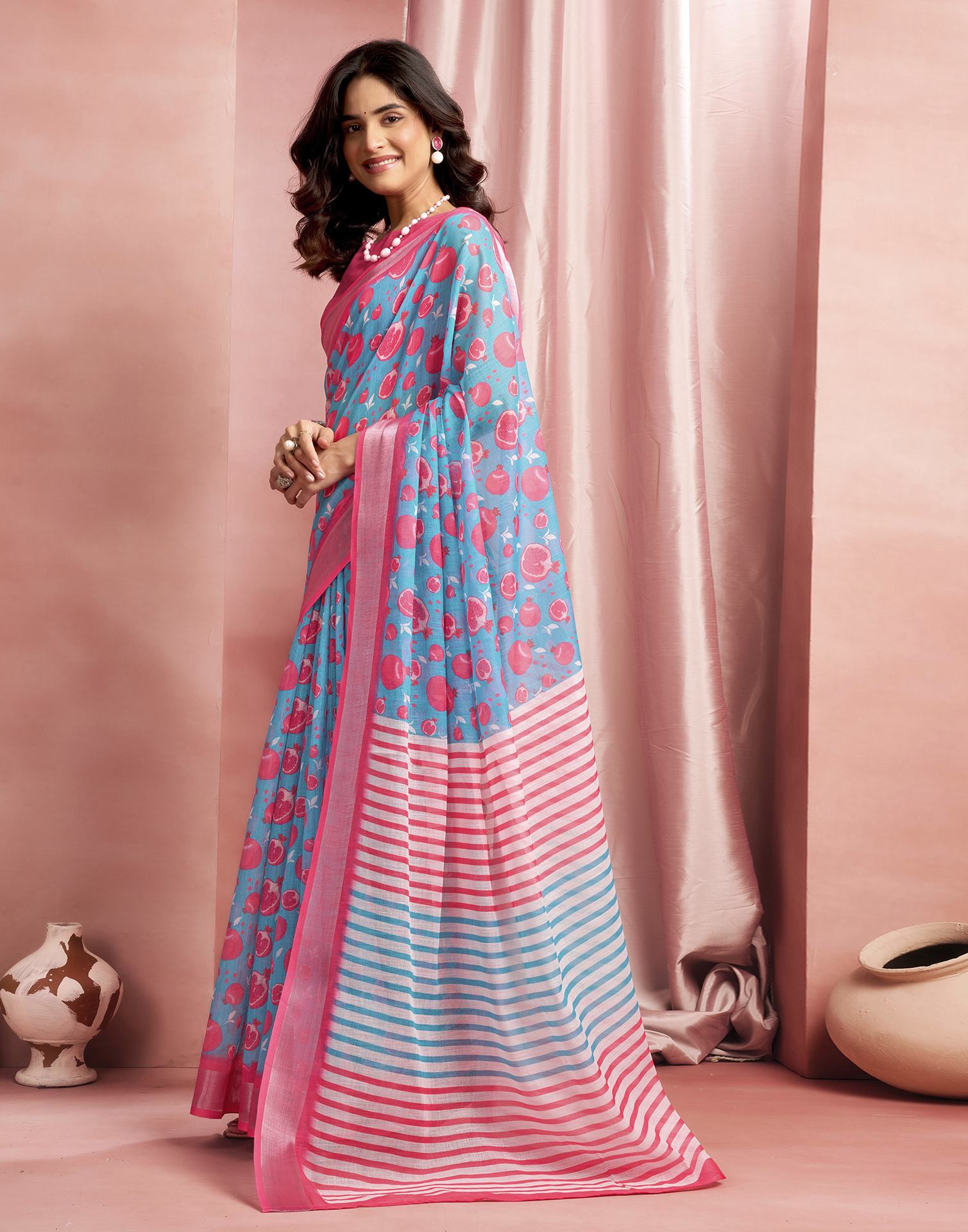 Turqoise Cotton Linen Printed Saree