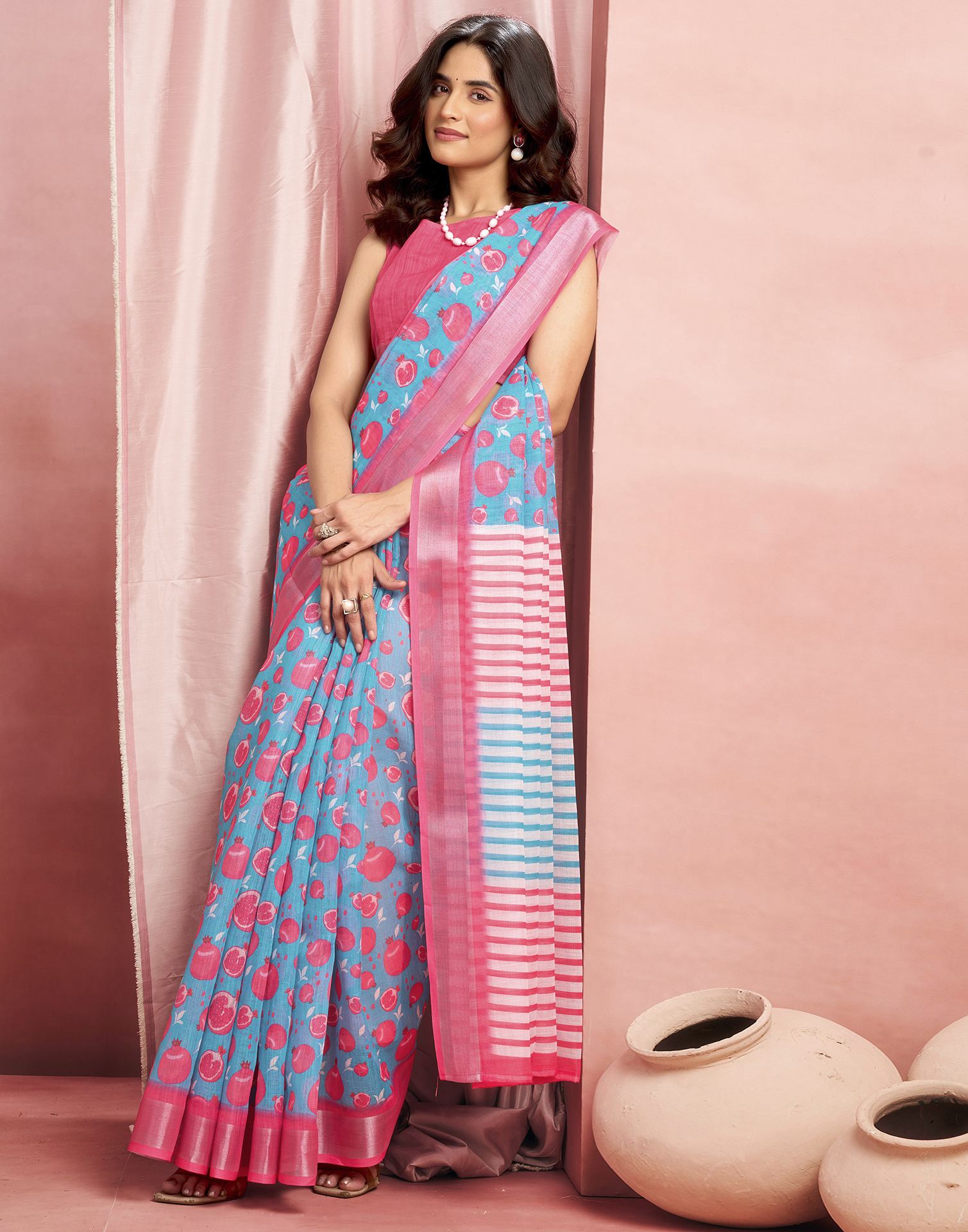 Turqoise Cotton Linen Printed Saree