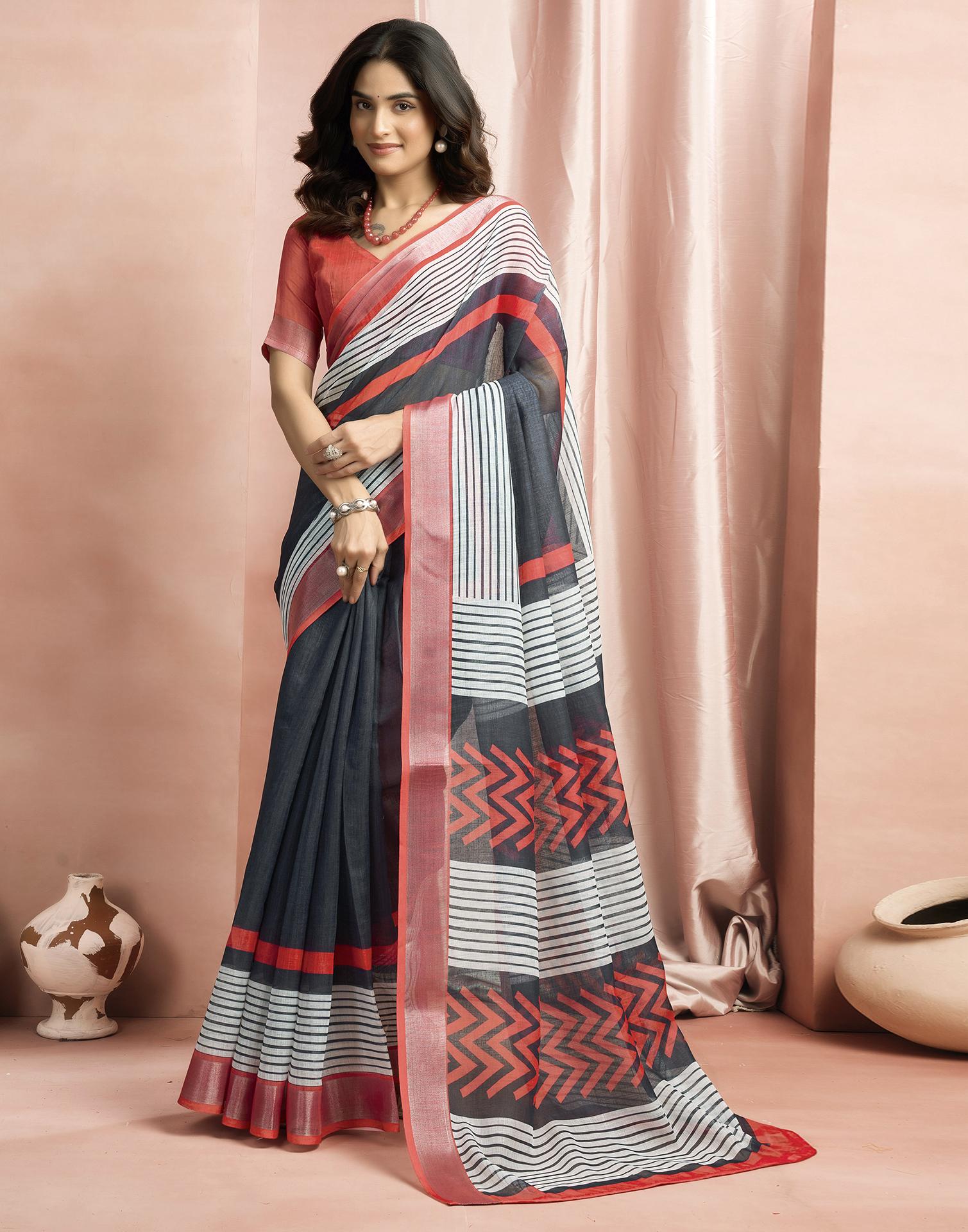 White Cotton Linen Printed Saree