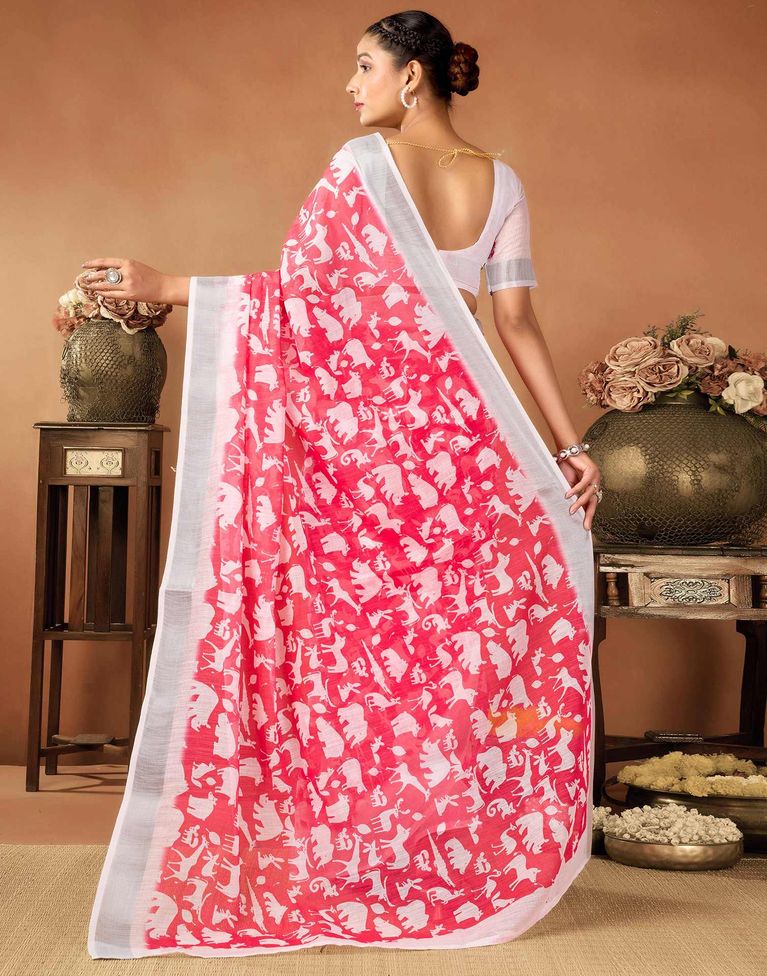 Coral Red Cotton Linen Printed Saree