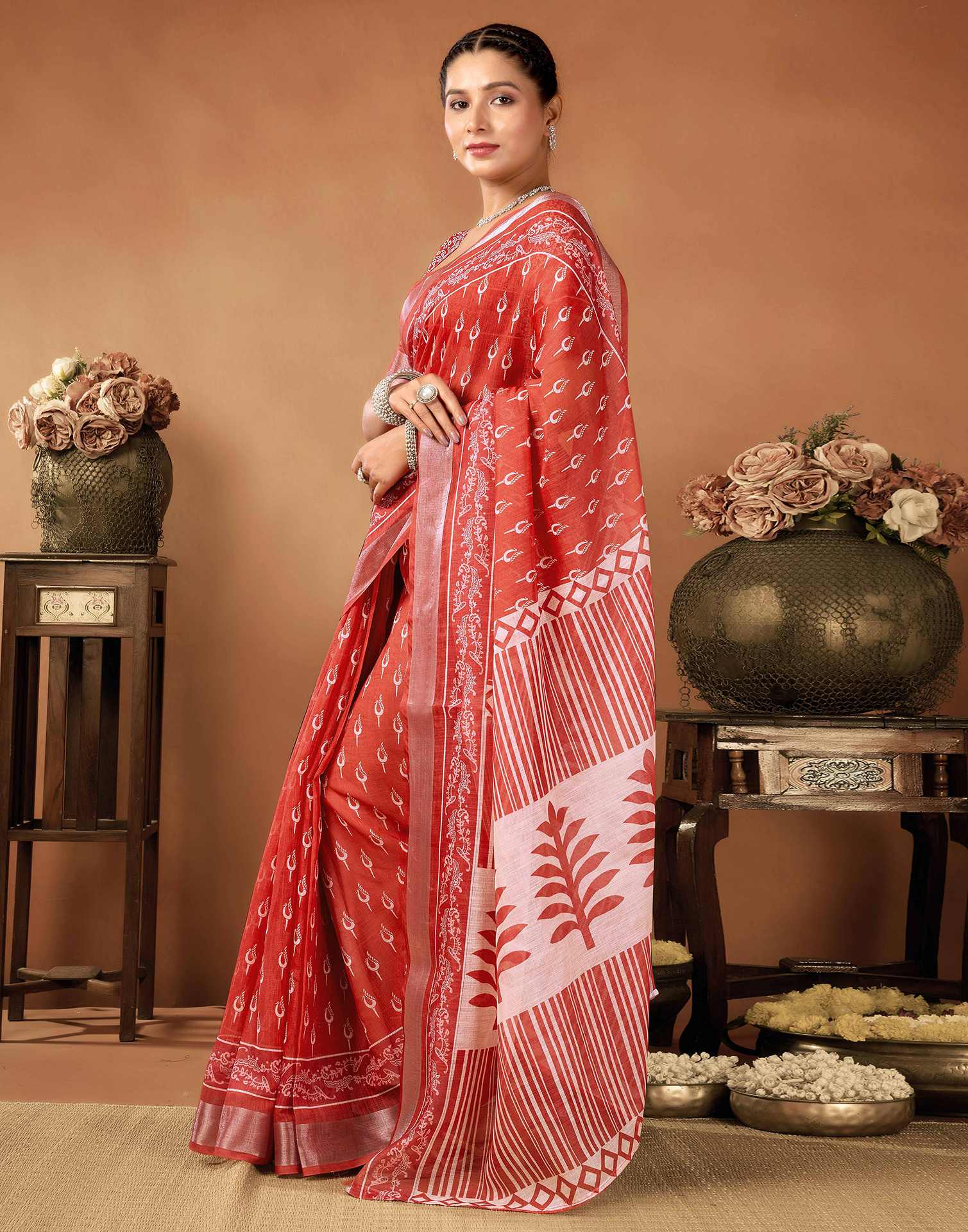 Rust Cotton Linen Printed Saree