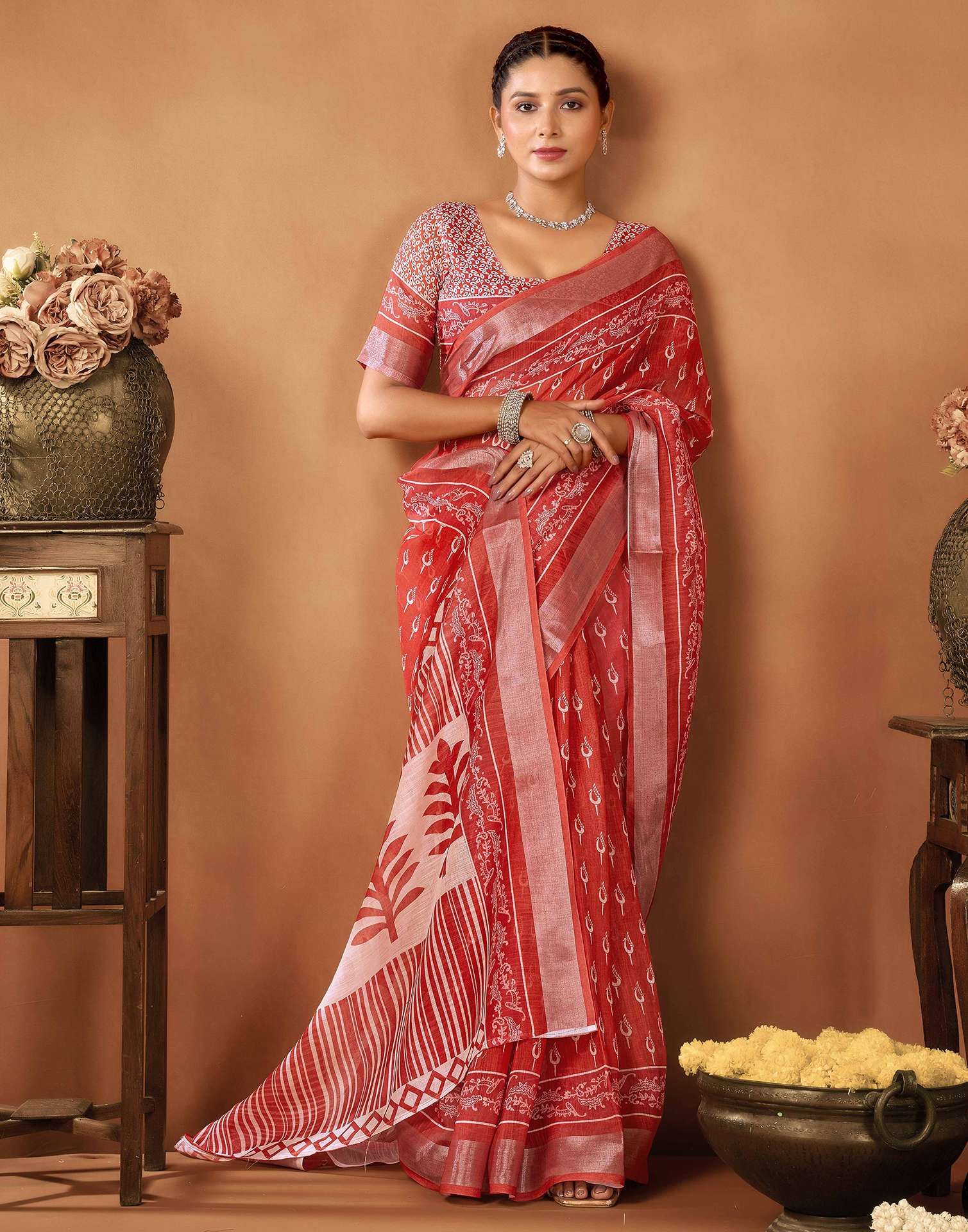Rust Cotton Linen Printed Saree