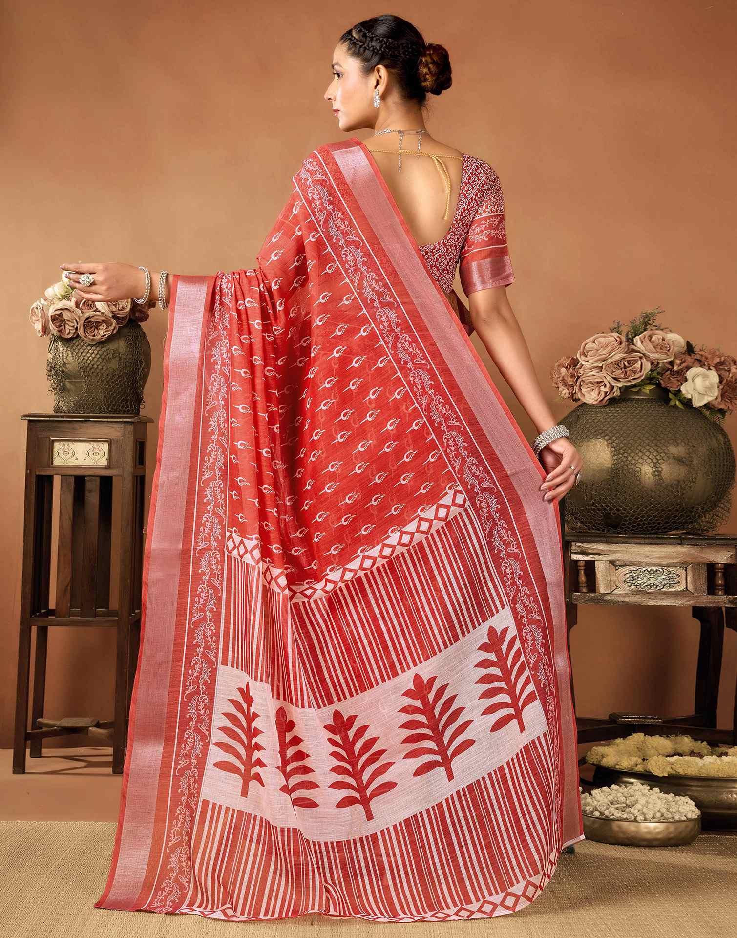 Rust Cotton Linen Printed Saree
