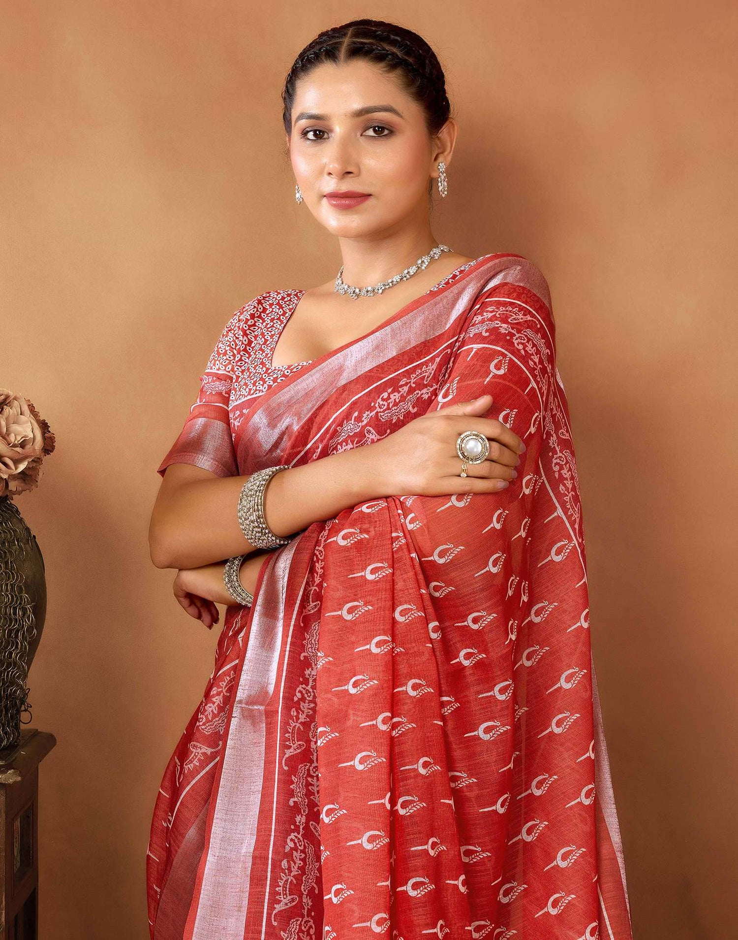 Rust Cotton Linen Printed Saree