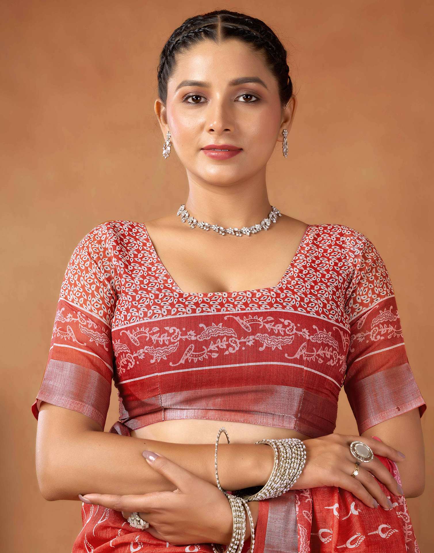 Rust Cotton Linen Printed Saree