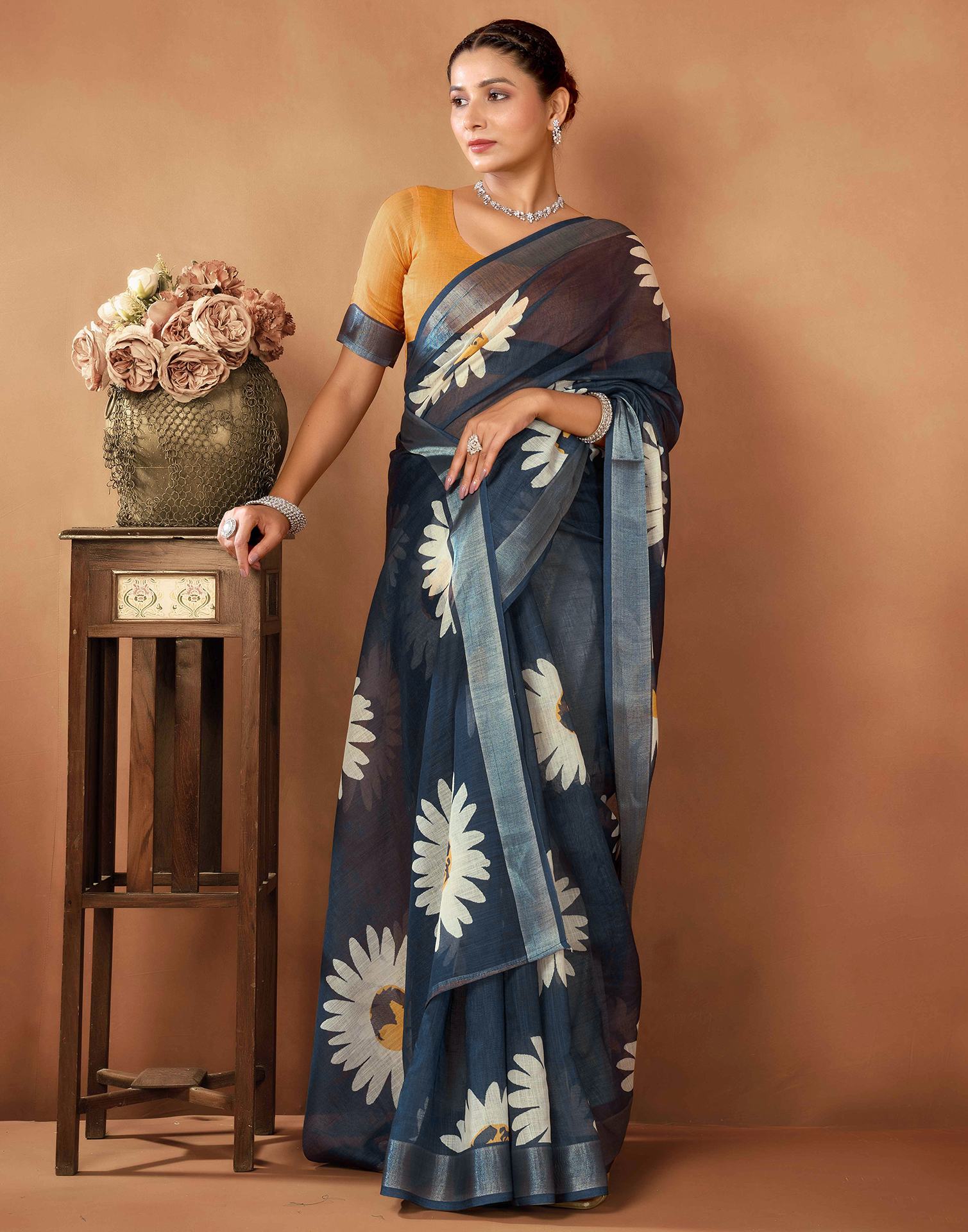 Grey Cotton Linen Floral Printed Saree