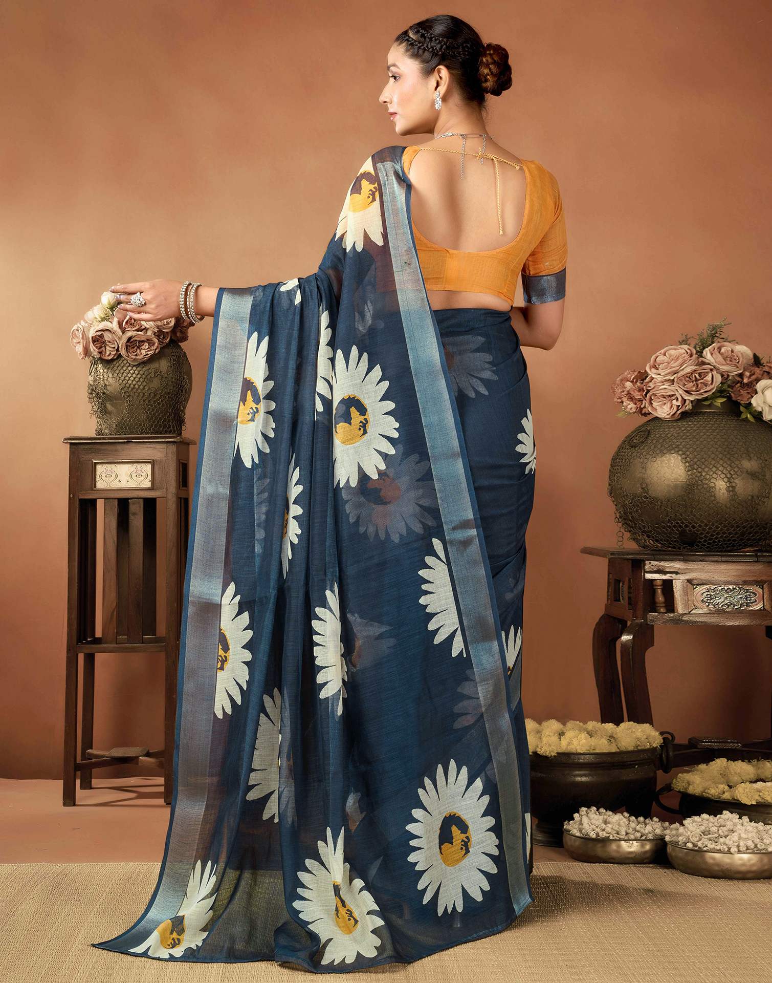 Grey Cotton Linen Floral Printed Saree