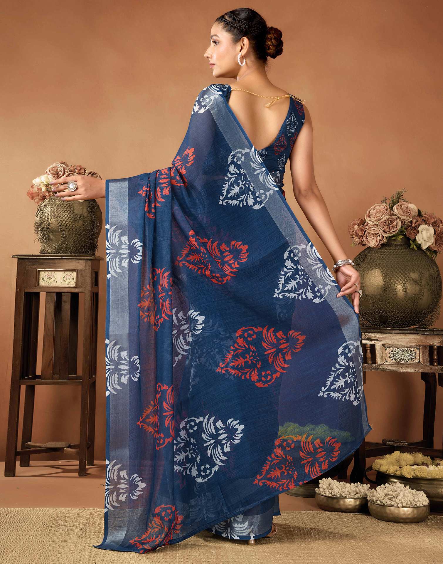 Navy Blue Cotton Linen Printed Saree