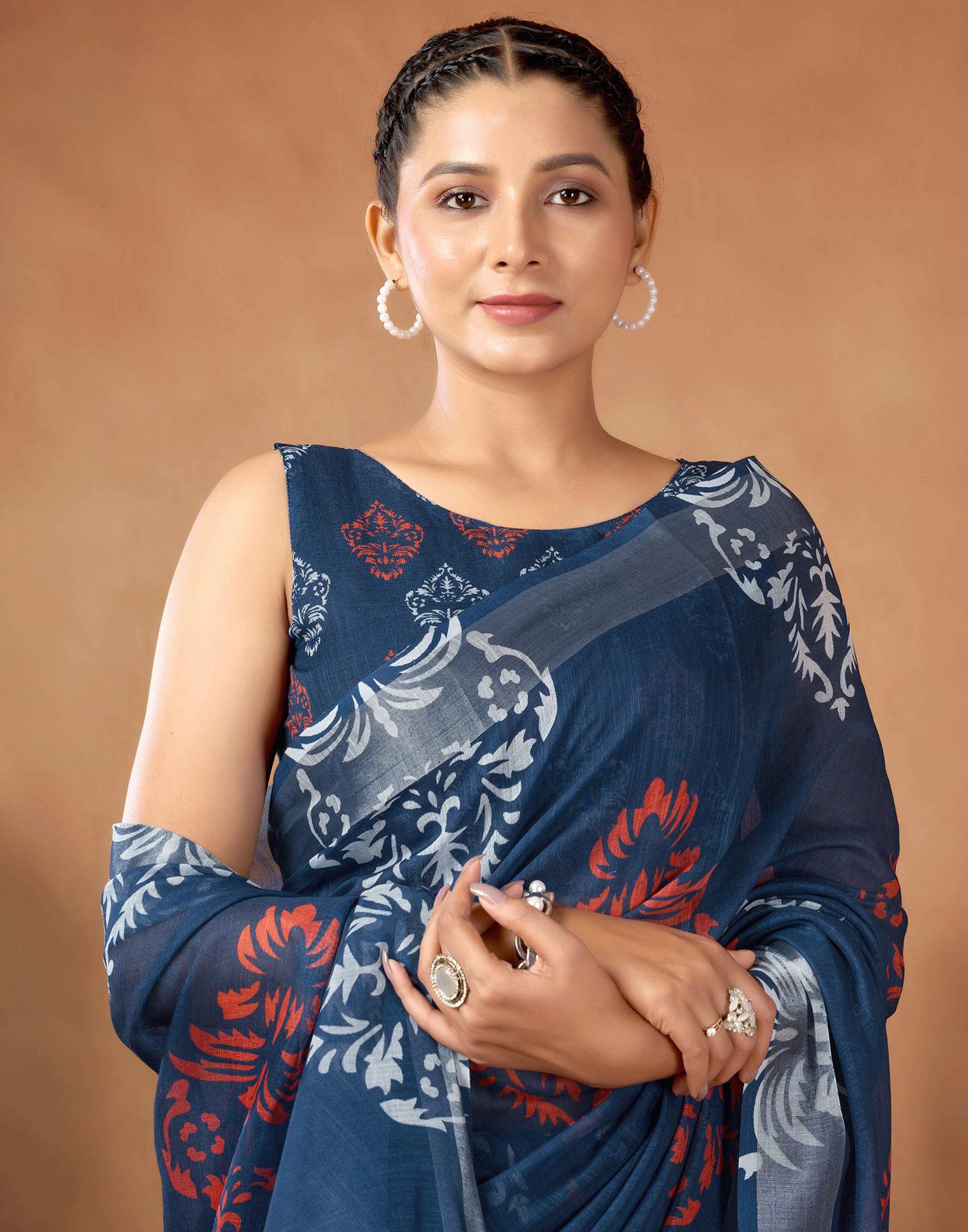 Navy Blue Cotton Linen Printed Saree